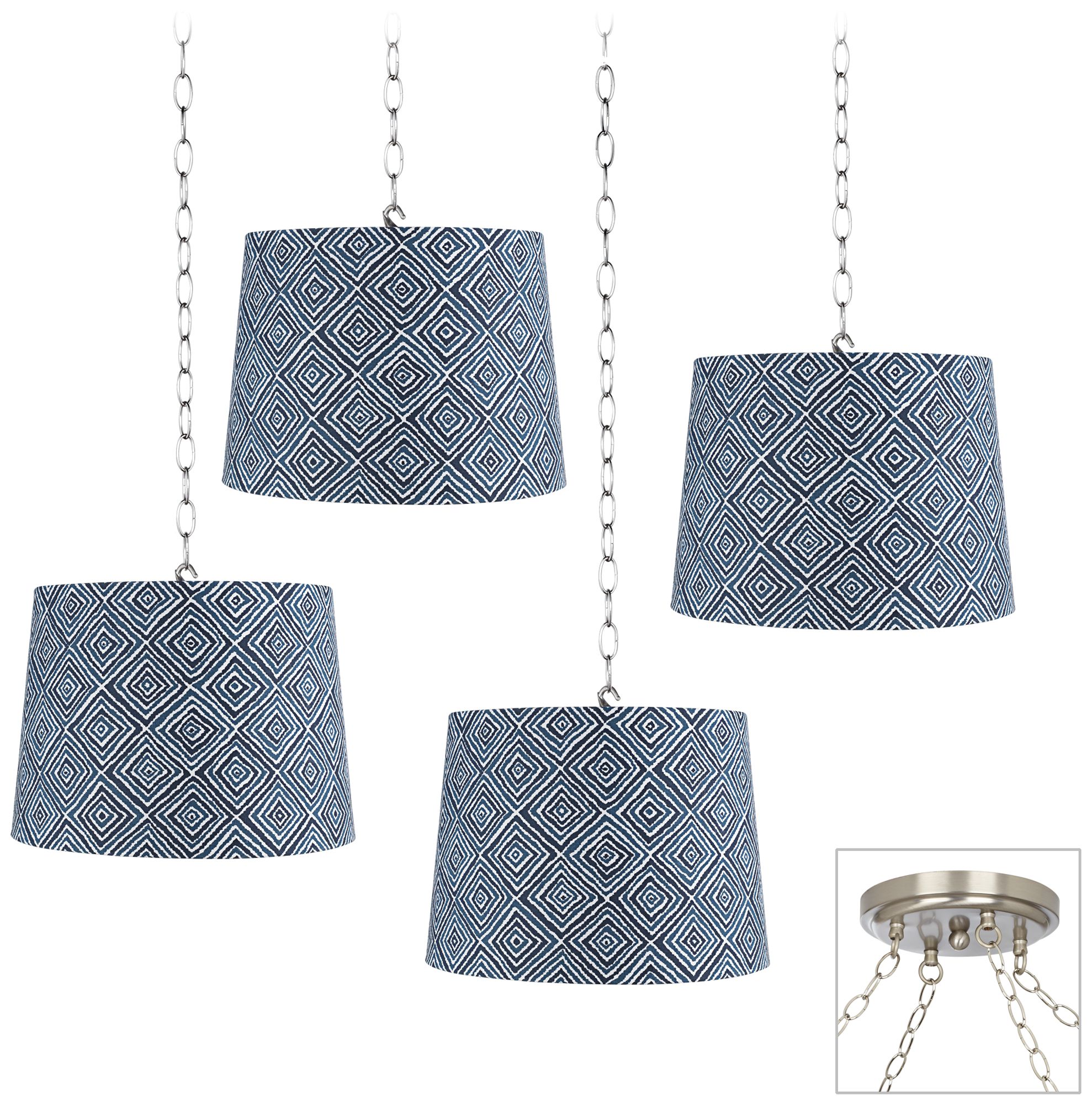 Blue and White Geometric 4-Light Brushed Steel Swag Chandelier
