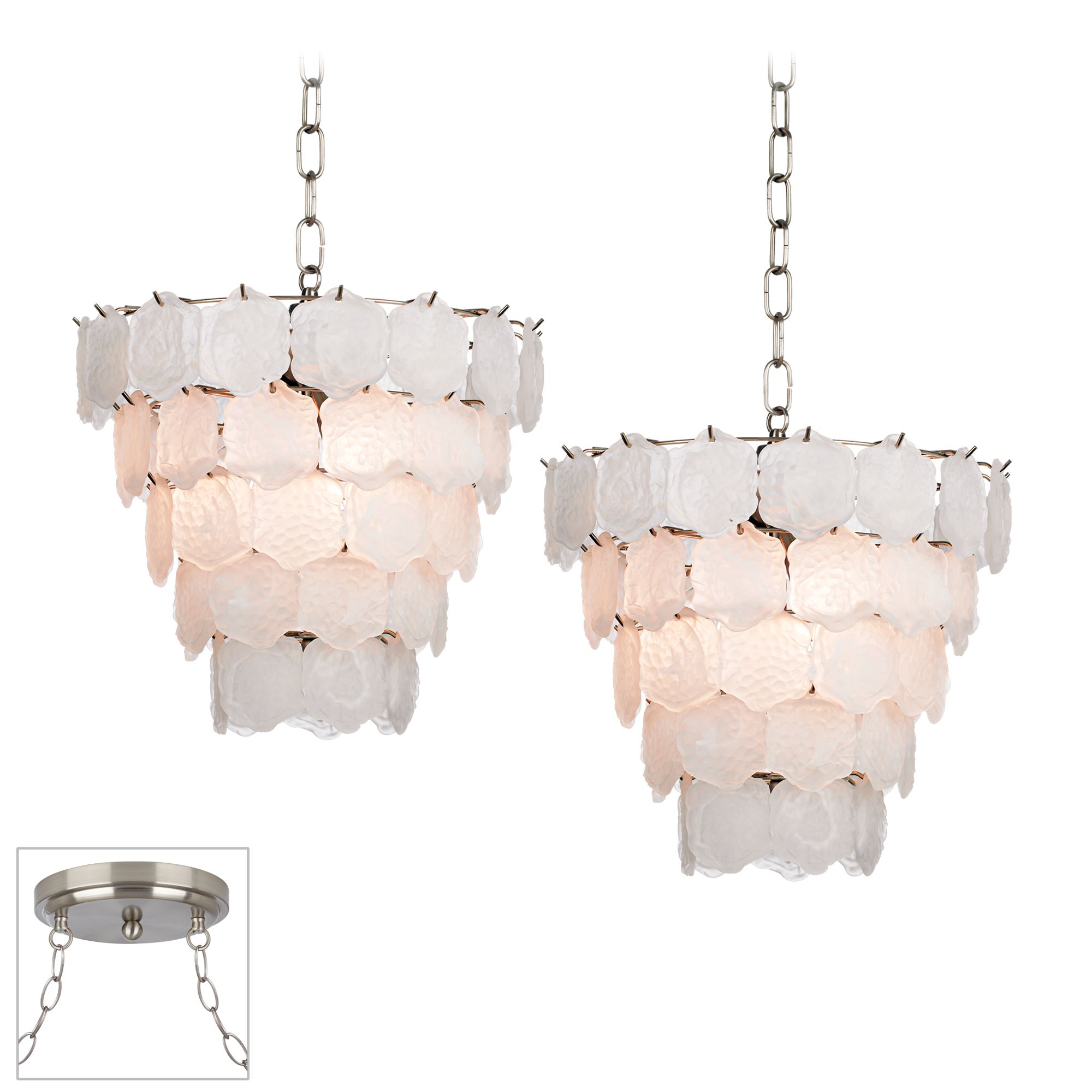 White Glass Chip Brushed Steel Double Swag Chandelier