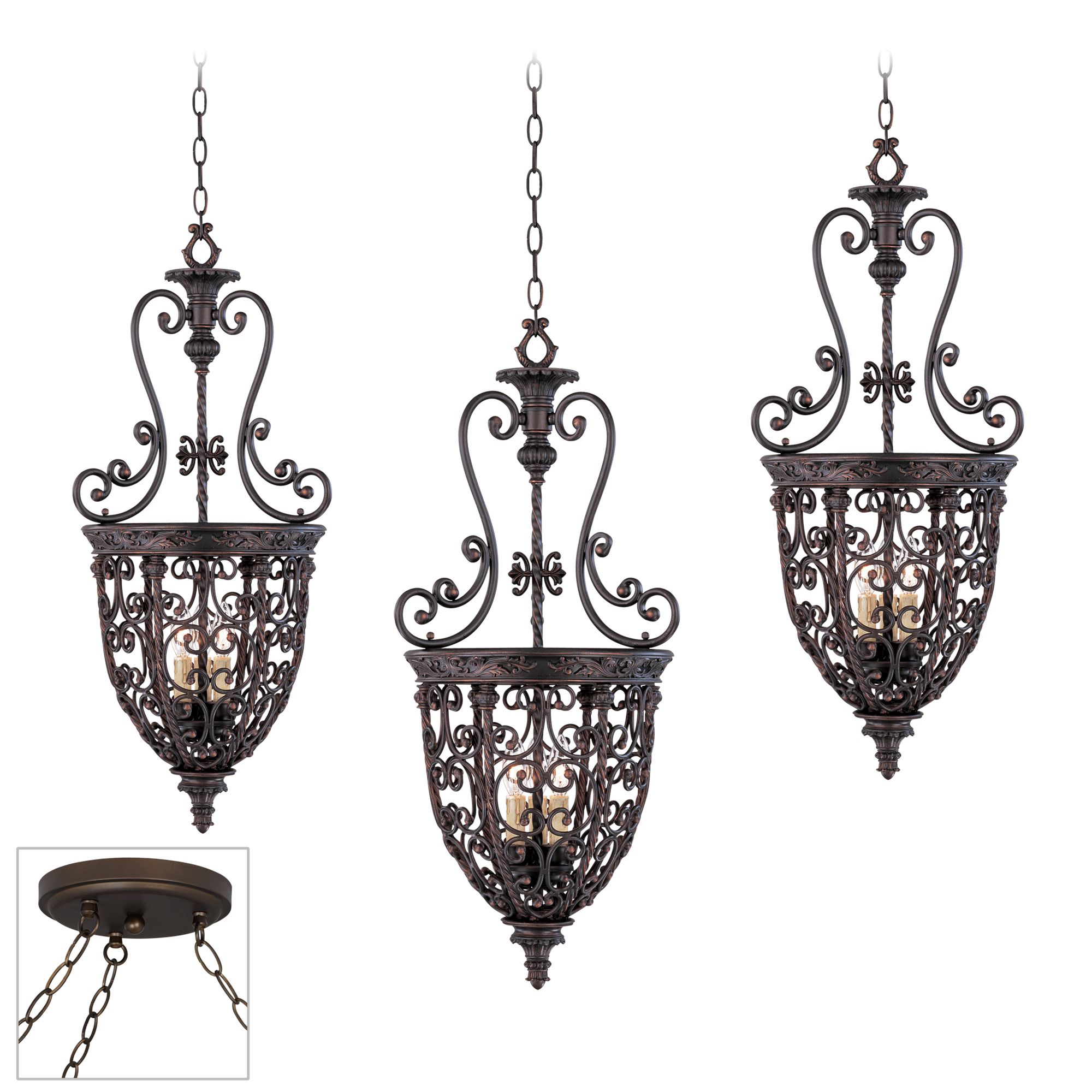 Open Scroll Cage Bronze Triple Swag Chandelier
