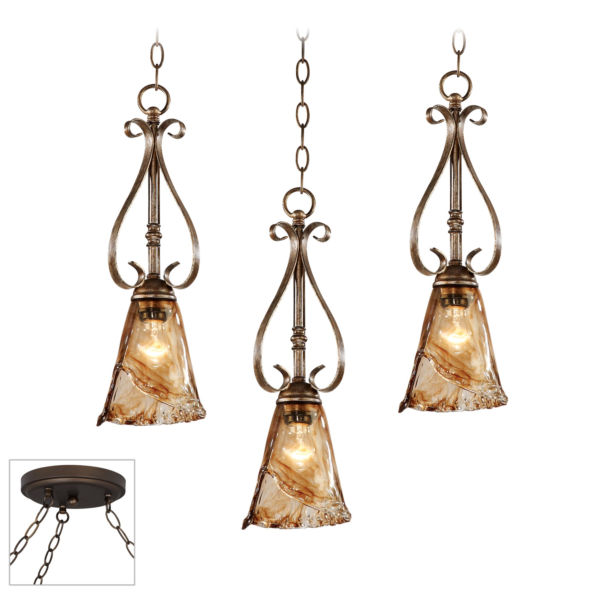 Amber Scroll Bronze Triple Swag Chandelier
