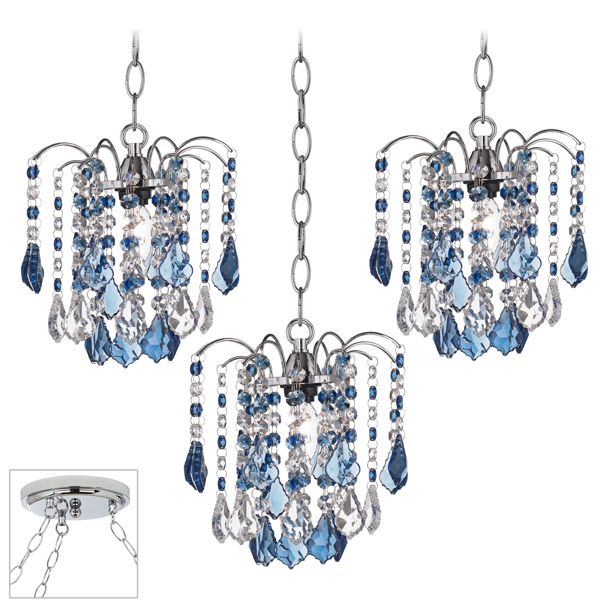 Nicolli Blue Crystal Chrome Triple Swag Chandelier
