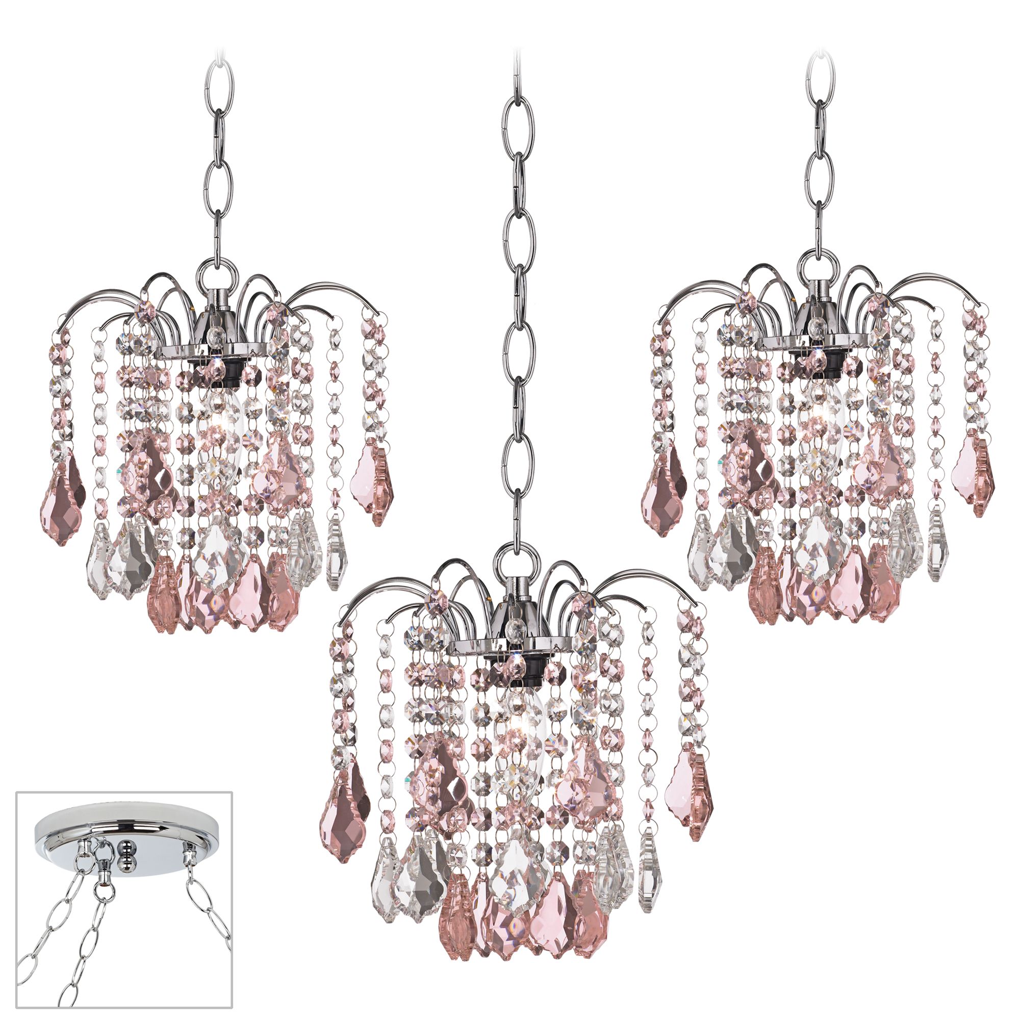 Nicolli Pink Crystal Chrome Triple Swag Chandelier