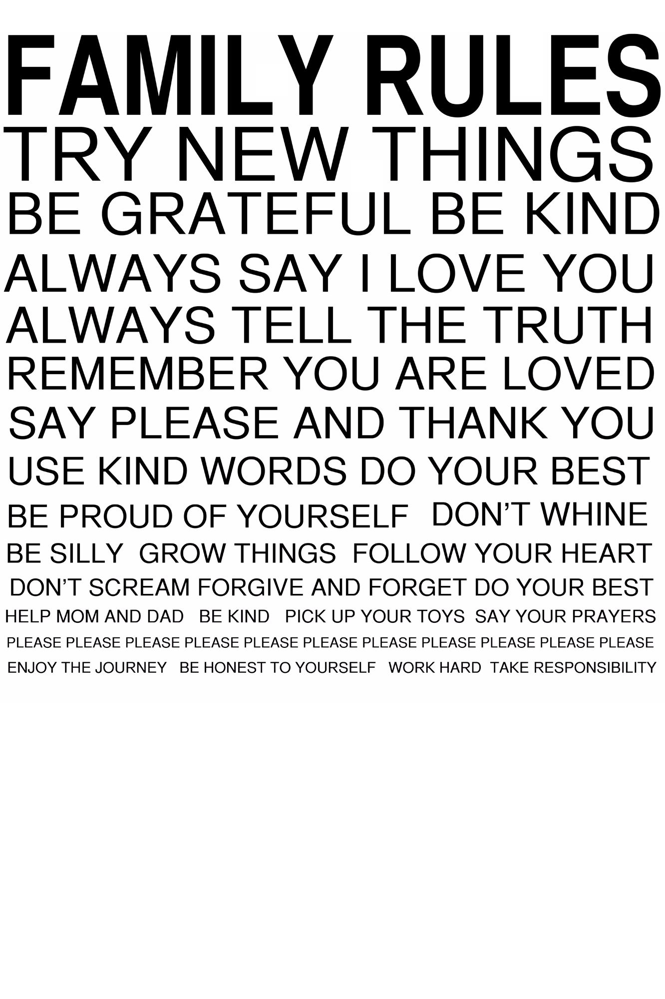 Family Rules Black on White 30" High Motivational Wall Art