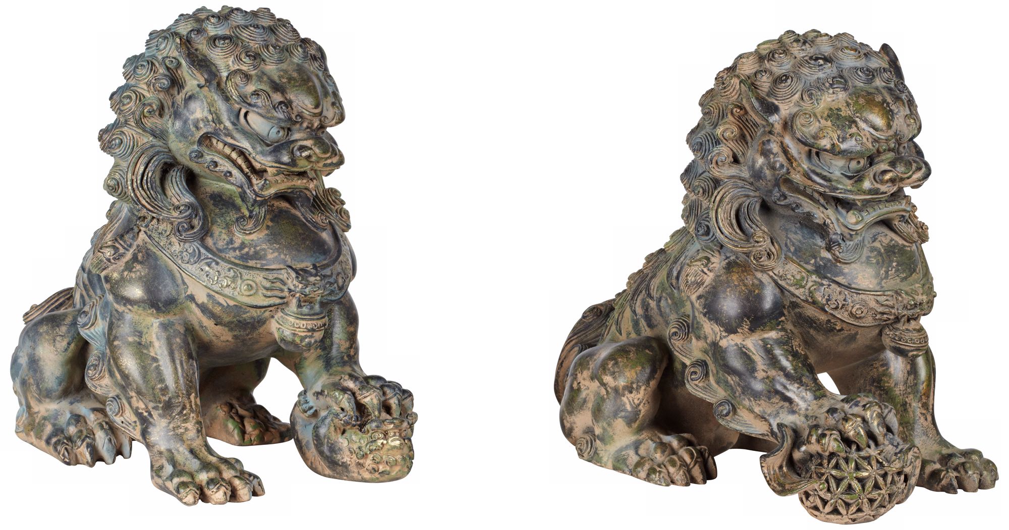 Set of 2 Large Aeneous Verde Asian Foo Dog Sculptures