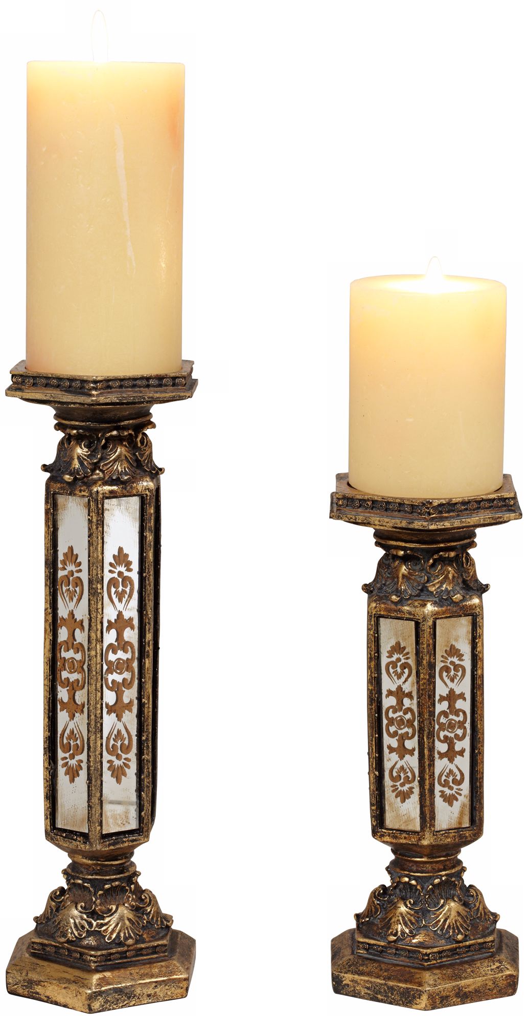 Set of 2 Antique Gold Mirrored Candle Holders
