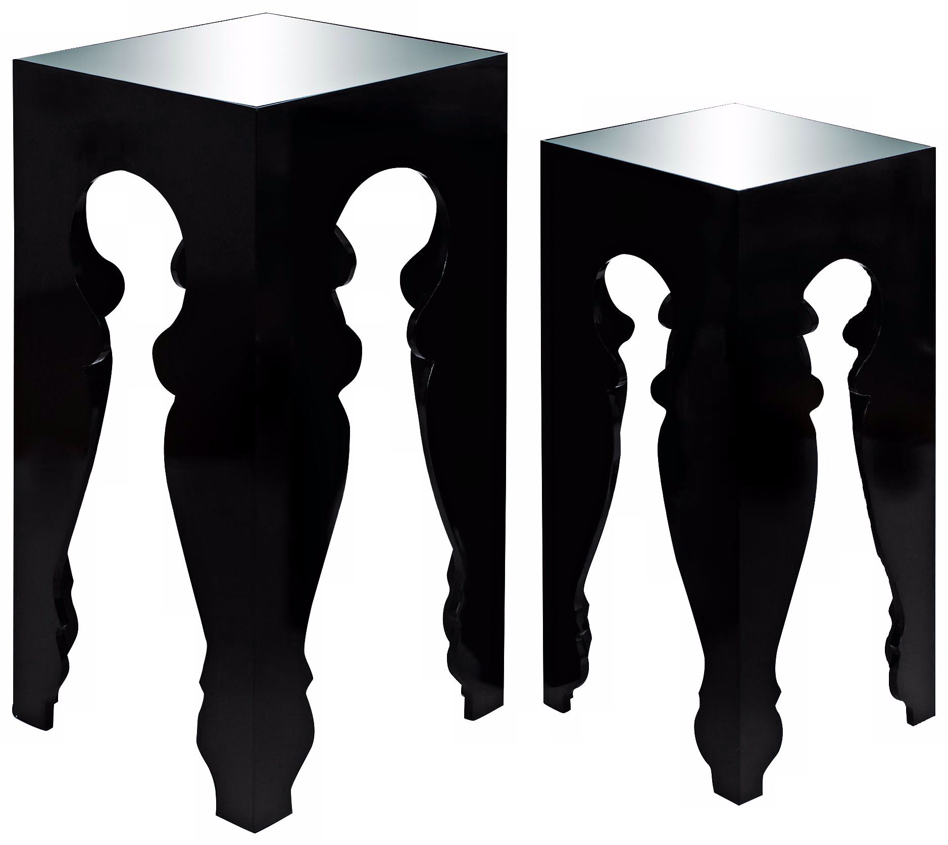Set of 2 Mirror Top Black Pedestal Tables