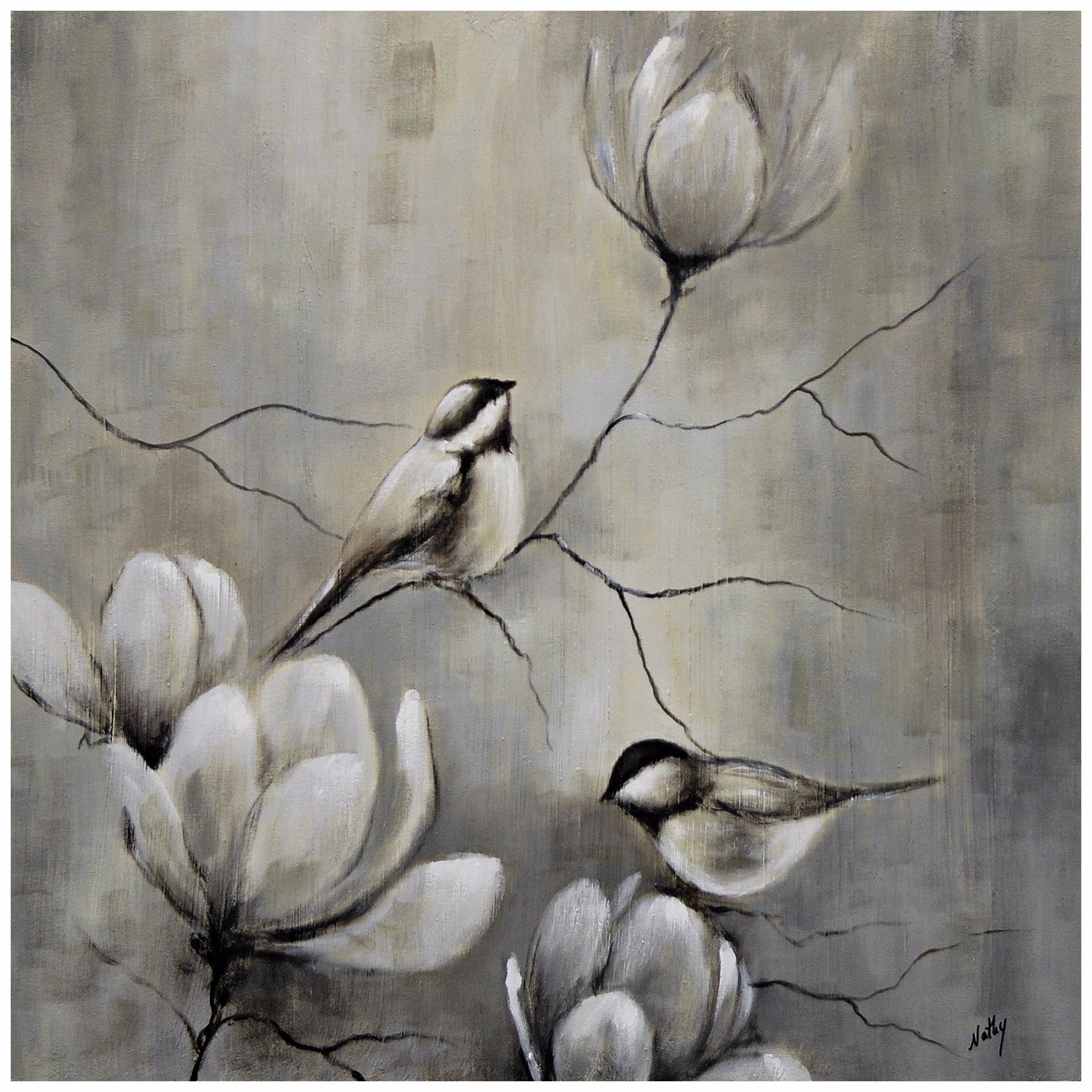 Birds and Flowers 30" Square Hand-Painted Wall Art