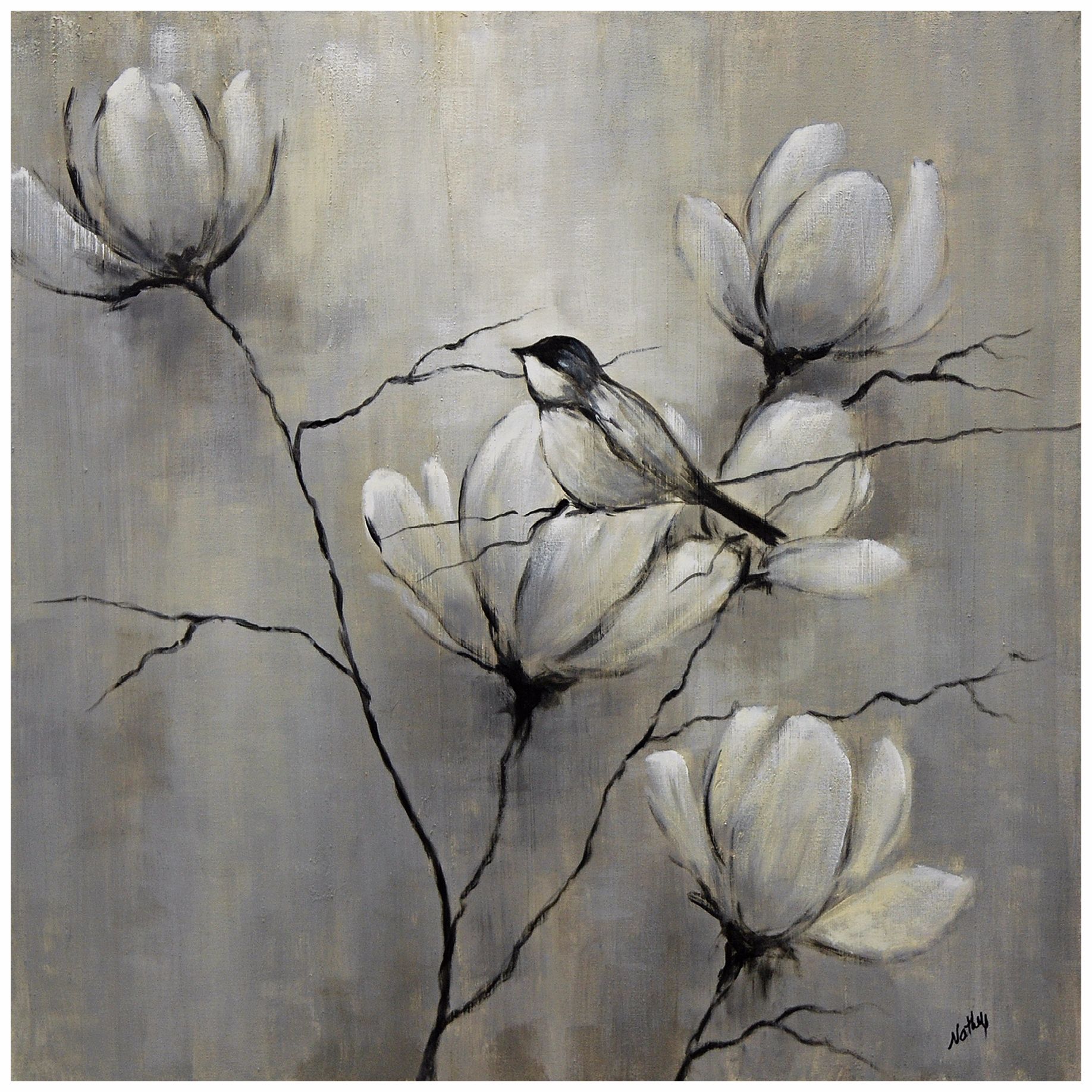 Birds and Flowers II 30" Square Hand-Painted Wall Art