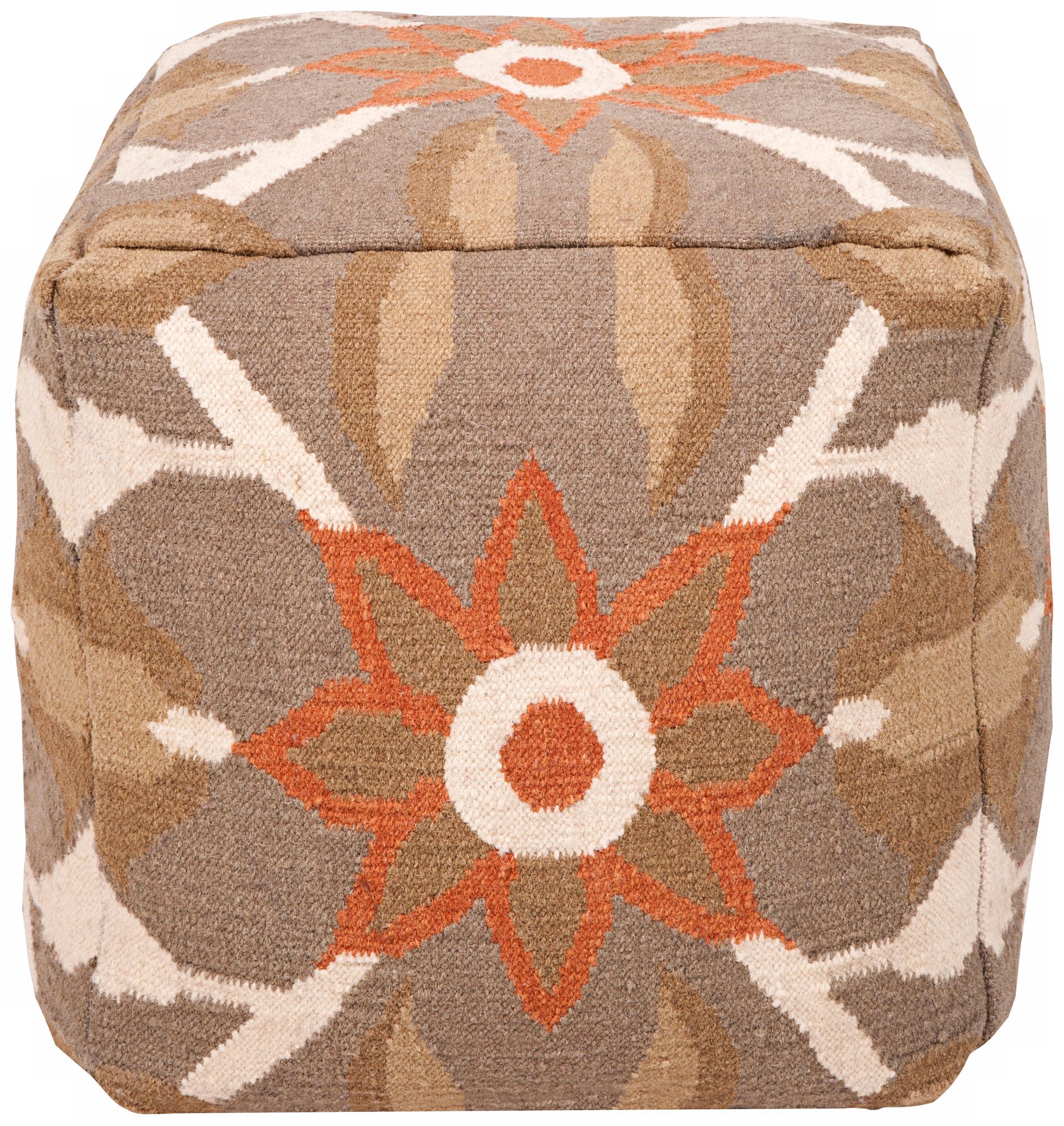 Surya 18" Square Dark Khaki Floral Ottoman Pouf