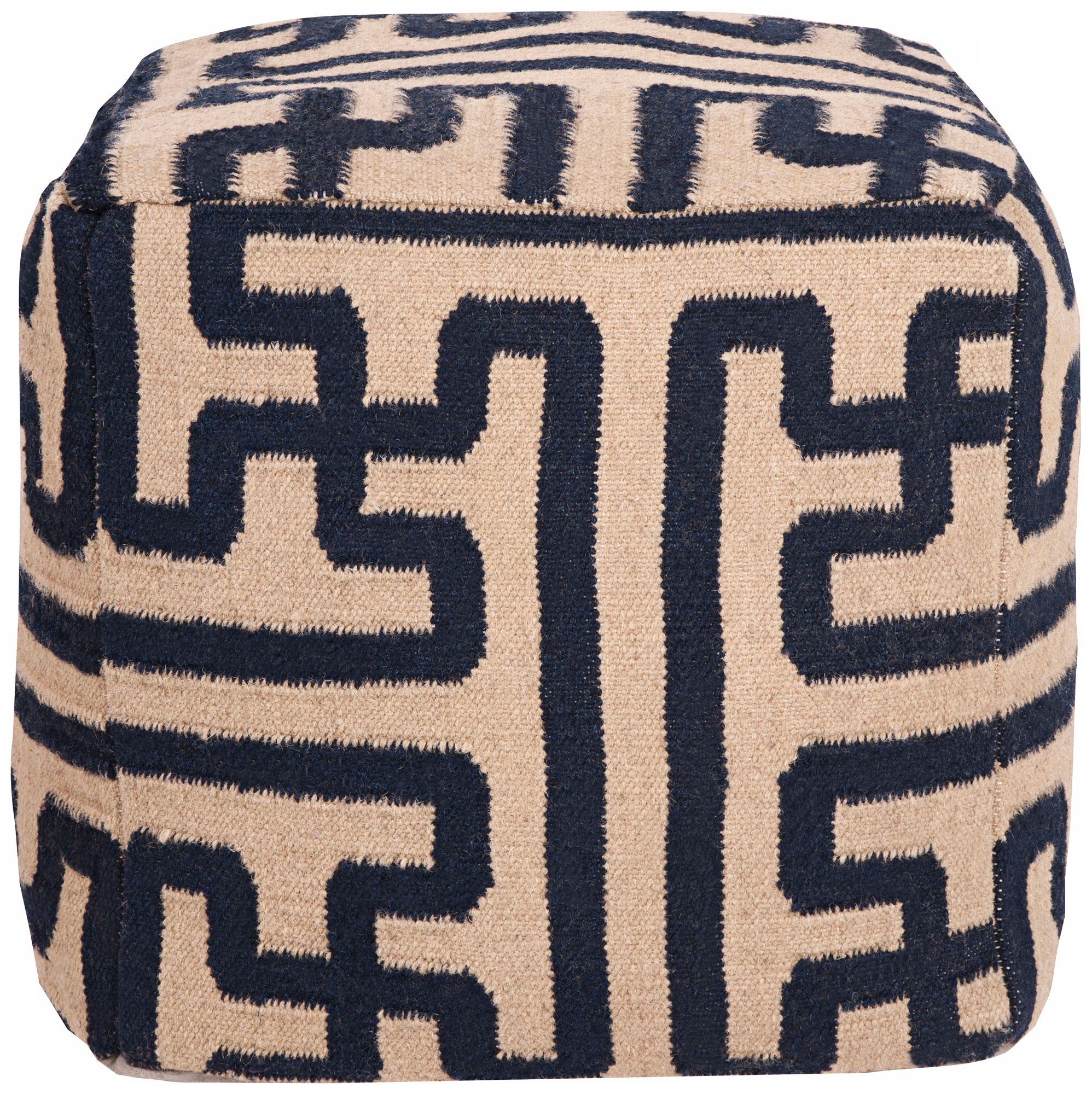 Surya 18" Square Greek Key Mossy Gold Wool Ottoman Pouf