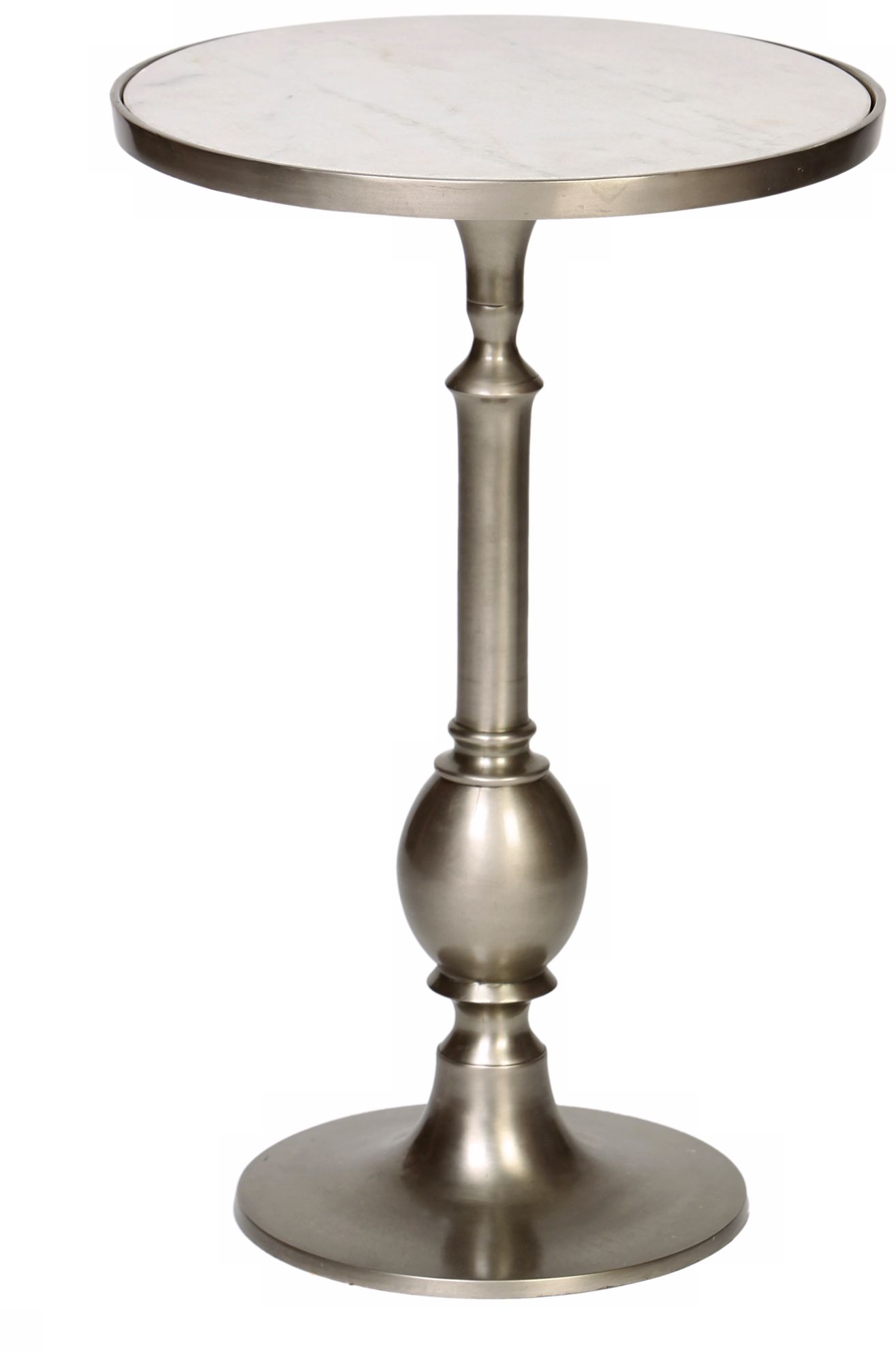 Turned Metal Egg Pewter Accent Table With White Granite