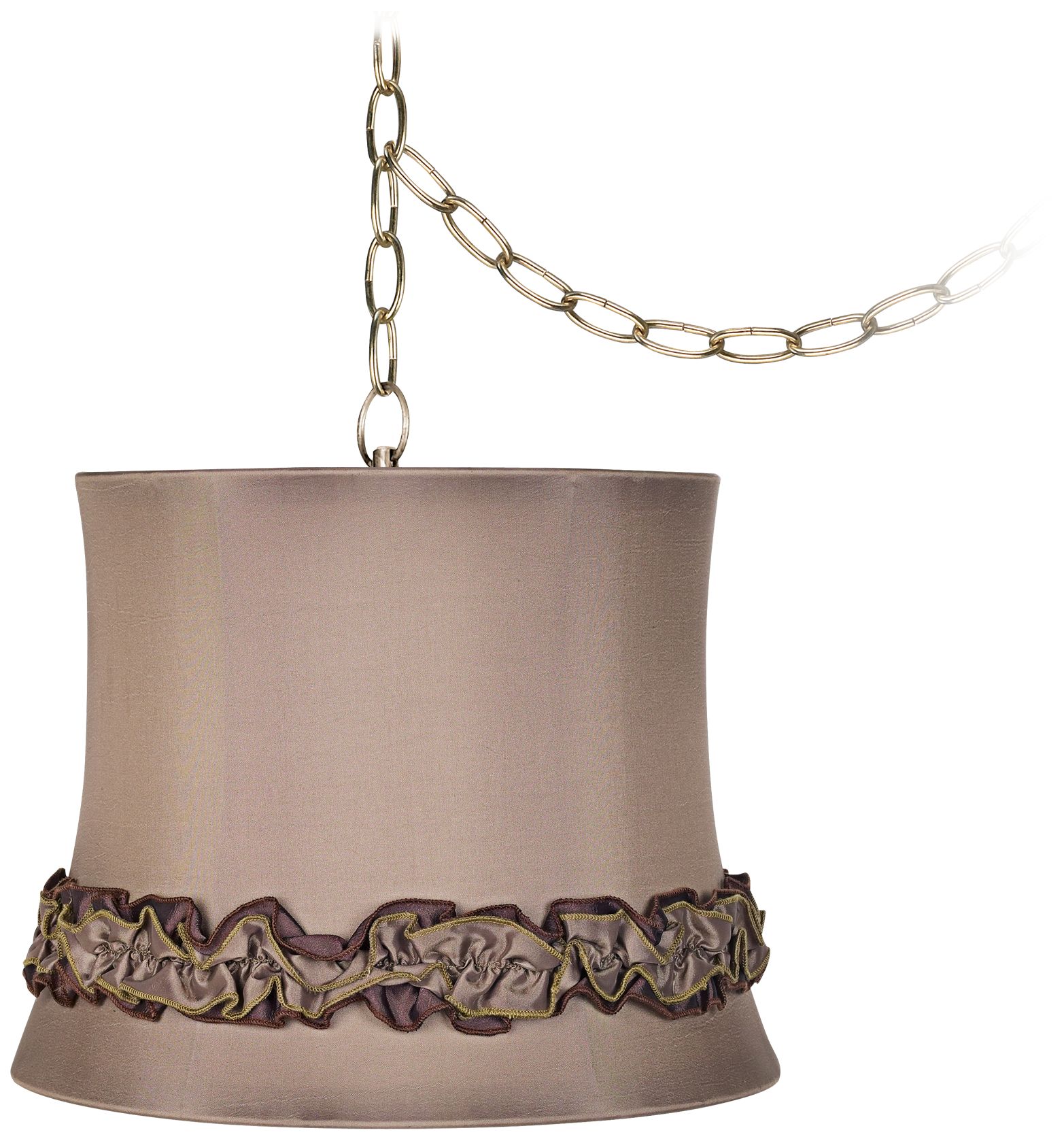 Tan Ruffle Trim 12" Wide Antique Brass Plug-In Chandelier