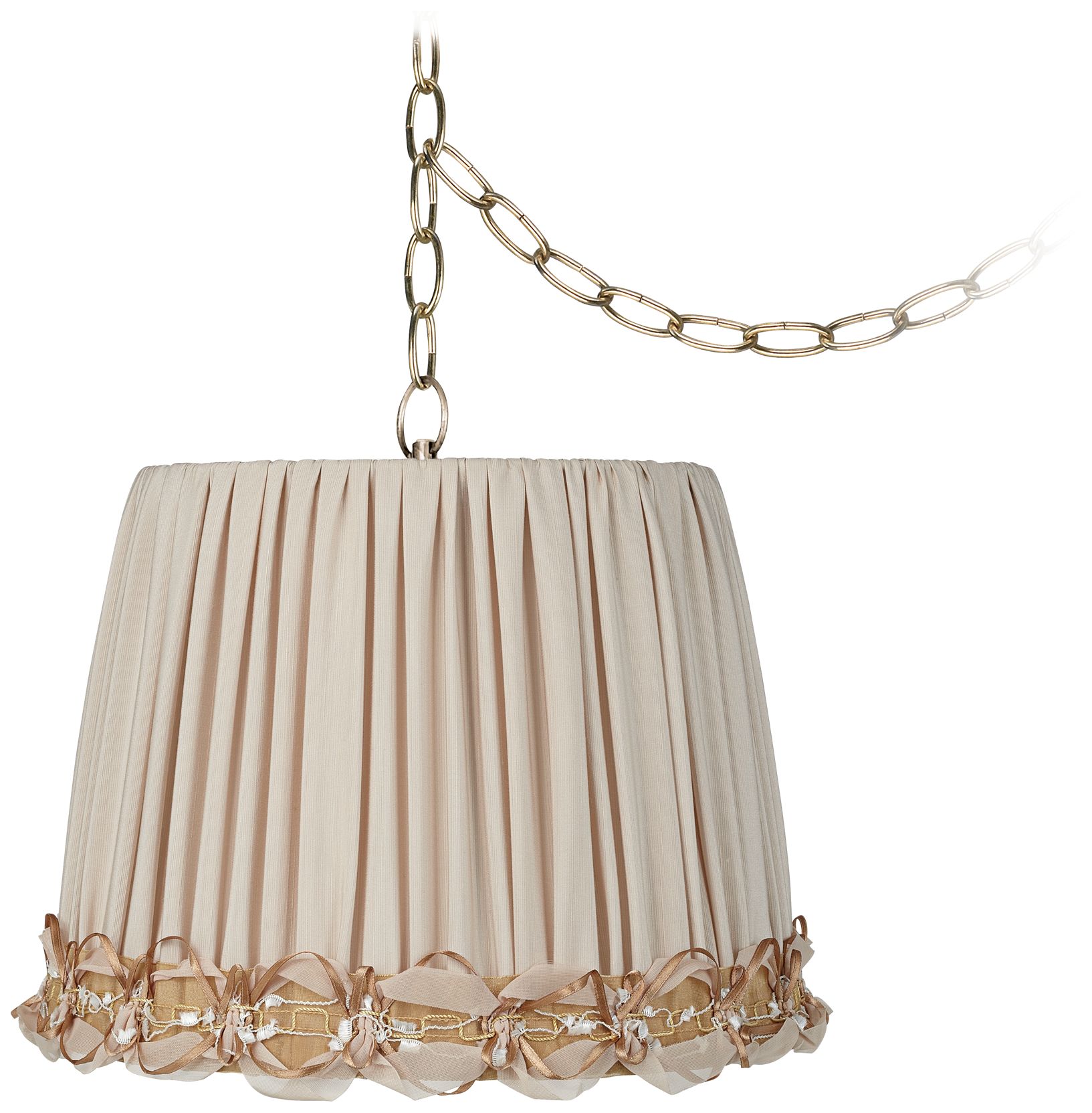 Ribbon Shirred 12" Wide Antique Brass Plug-In Chandelier
