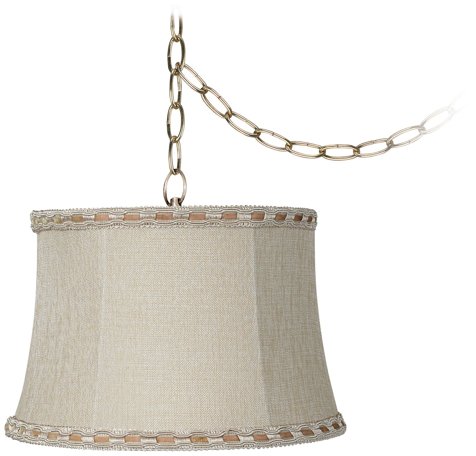 Beige Ribbon 12" Wide Antique Brass Plug-In Chandelier