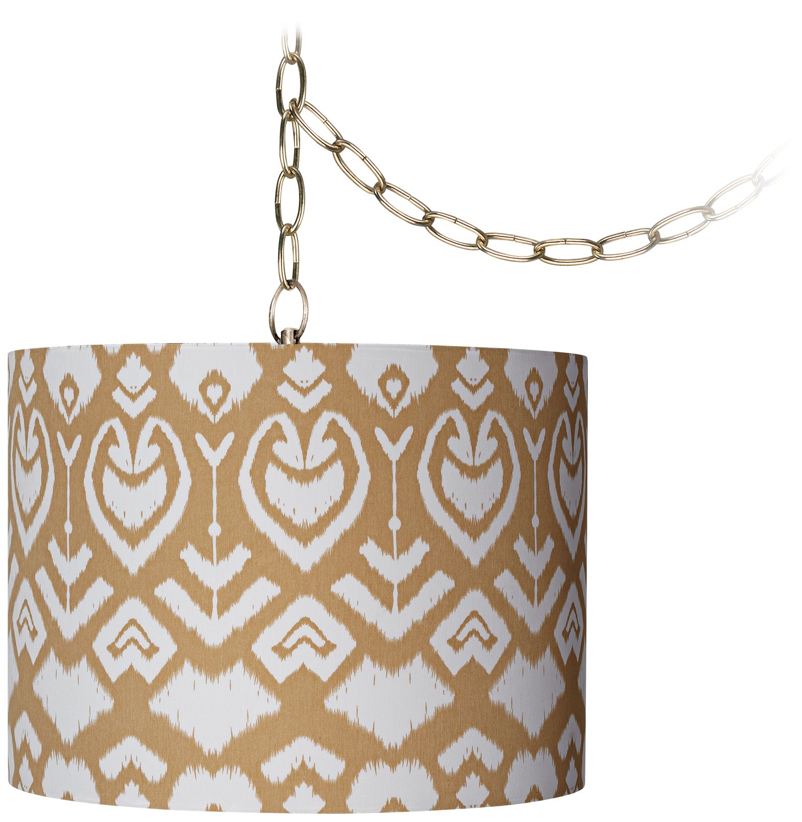 Tan Ikat 12" Wide Antique Brass Plug-In Chandelier