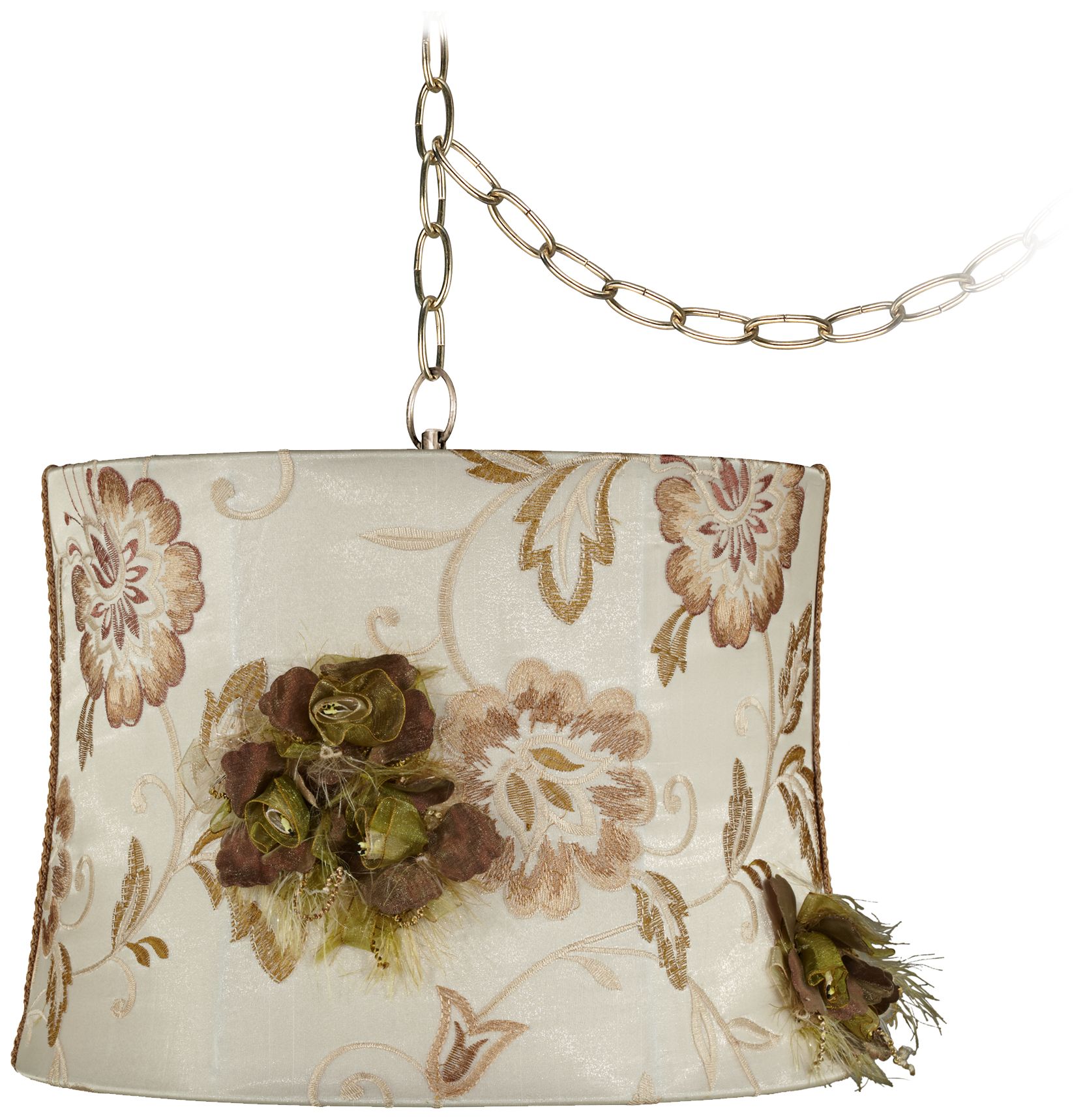 Ivory Embroidered 14" Wide Antique Brass Plug-In Chandelier