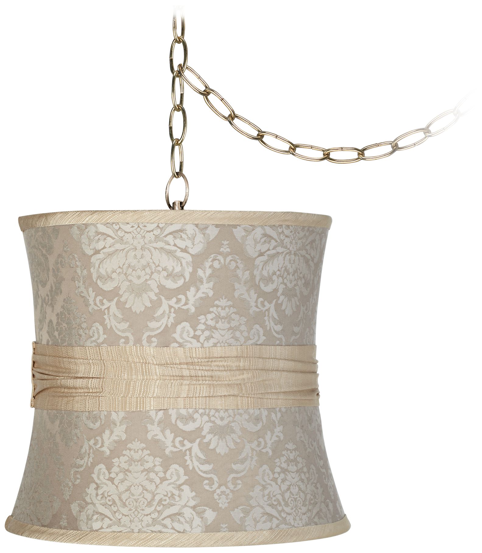 Beige Damask 12" Wide Antique Brass Plug-In Chandelier