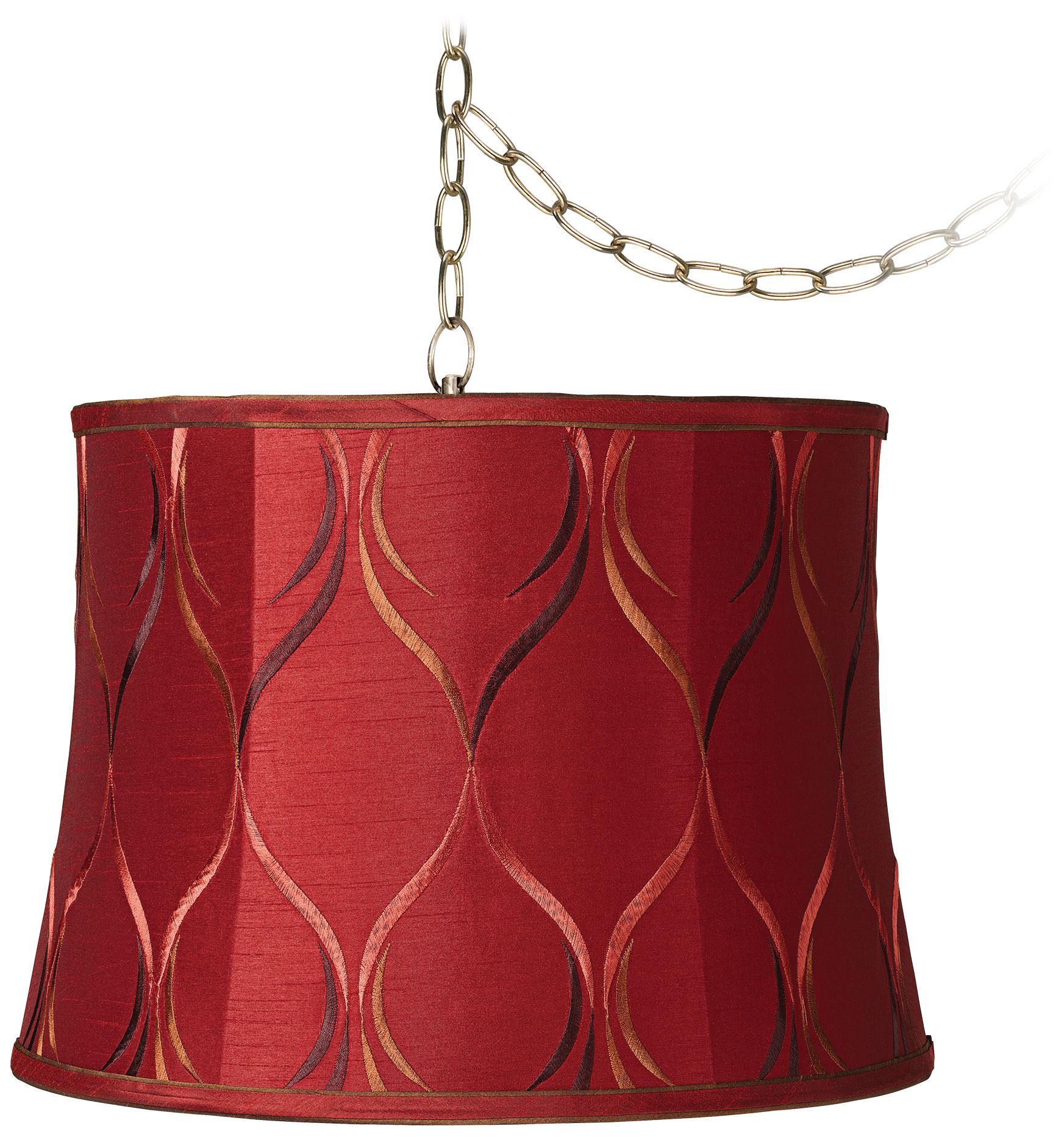 Embroidered Merlot 12" Wide Antique Brass Plug-In Chandelier