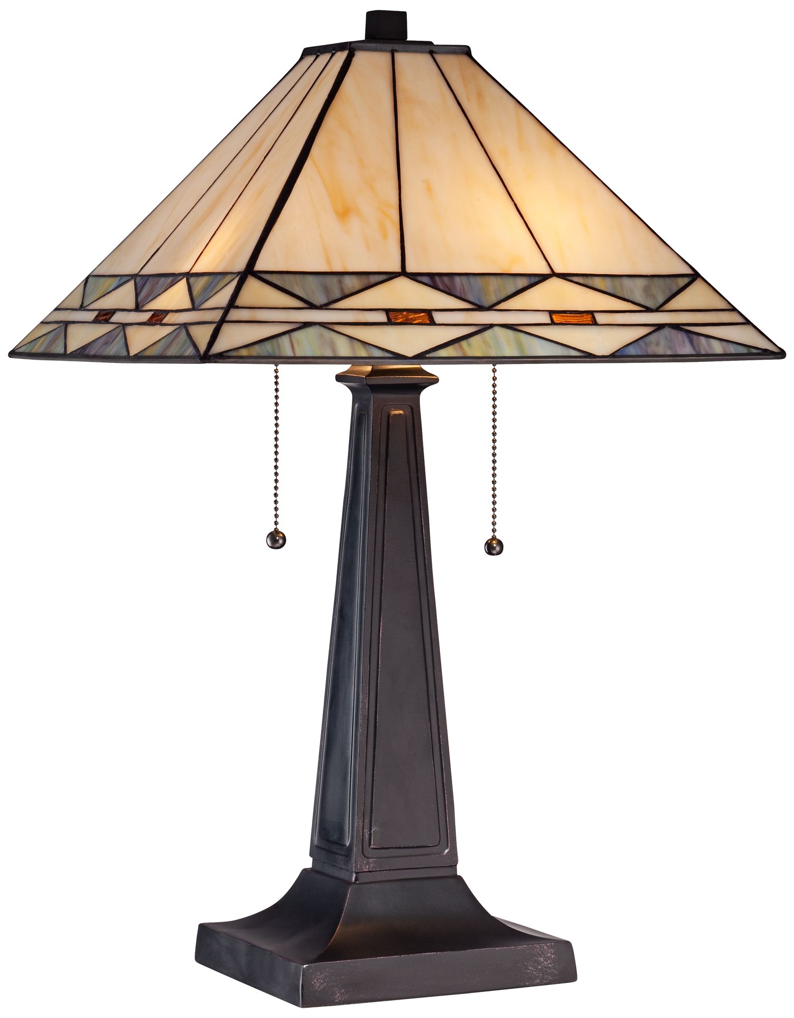 Mission Square Art Glass and Bronze Table Lamp