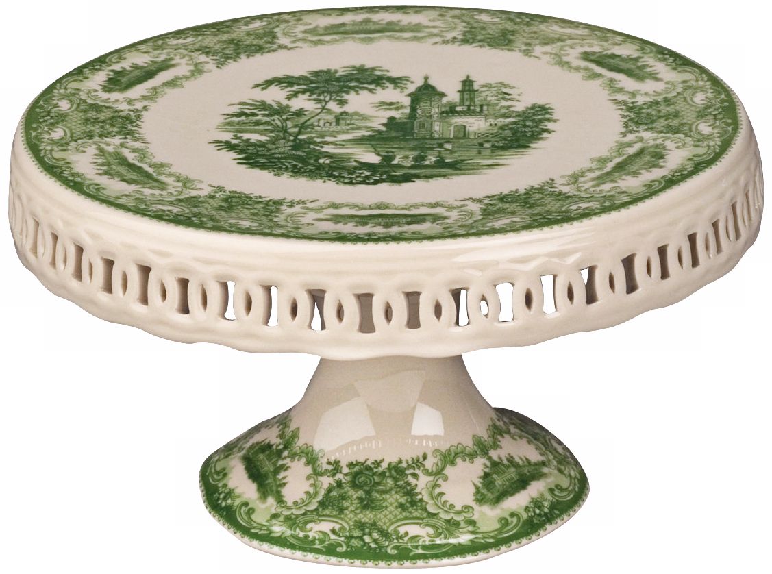 Green Transferware Cake Stand