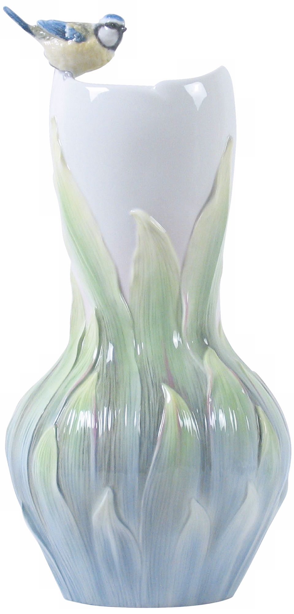 Dogwood and Blue Tit Green and White Porcelain Vase