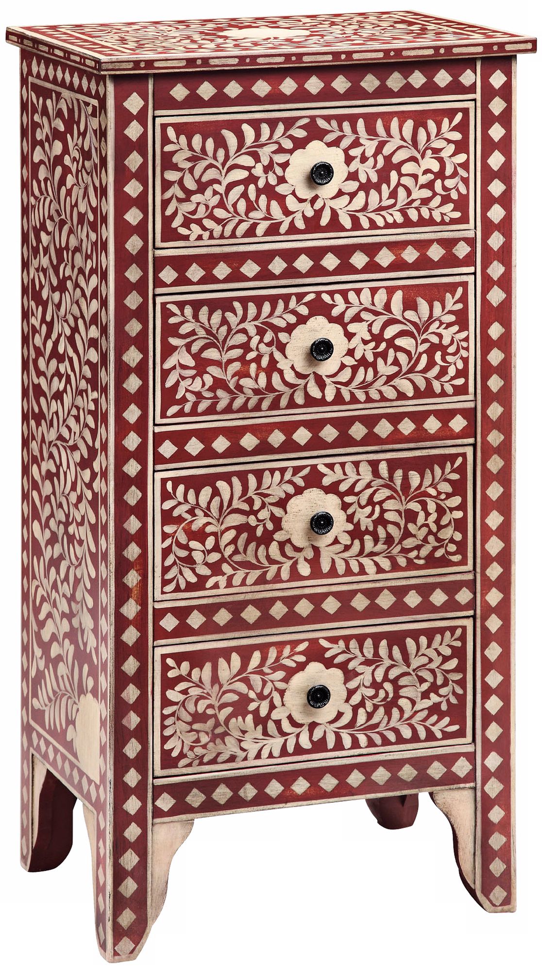 Moroccan Floral Four Drawer Red Chest