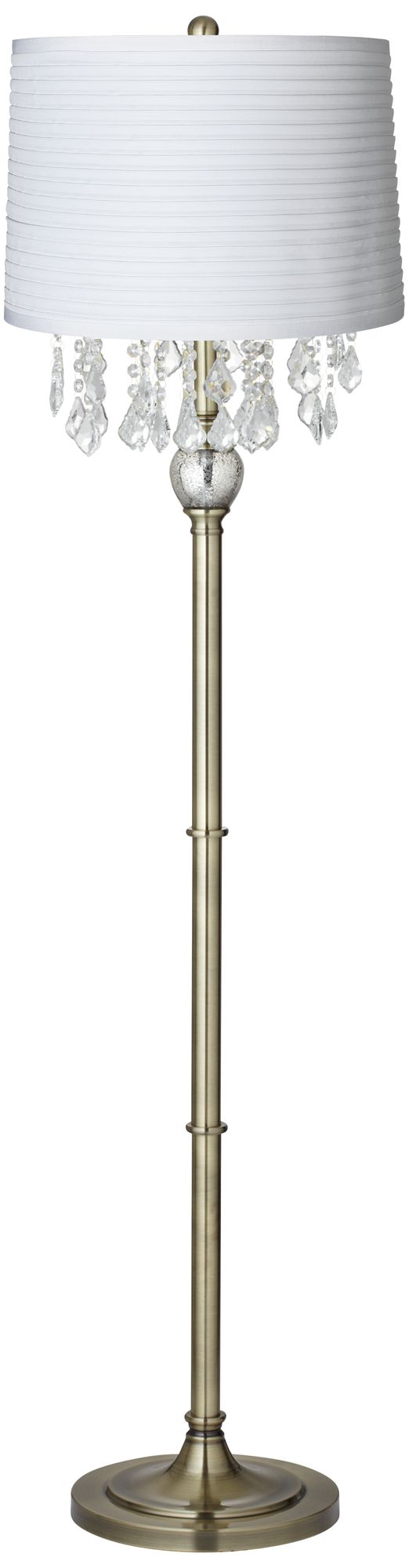 Crystals White Pleated Shade Antique Brass Floor Lamp