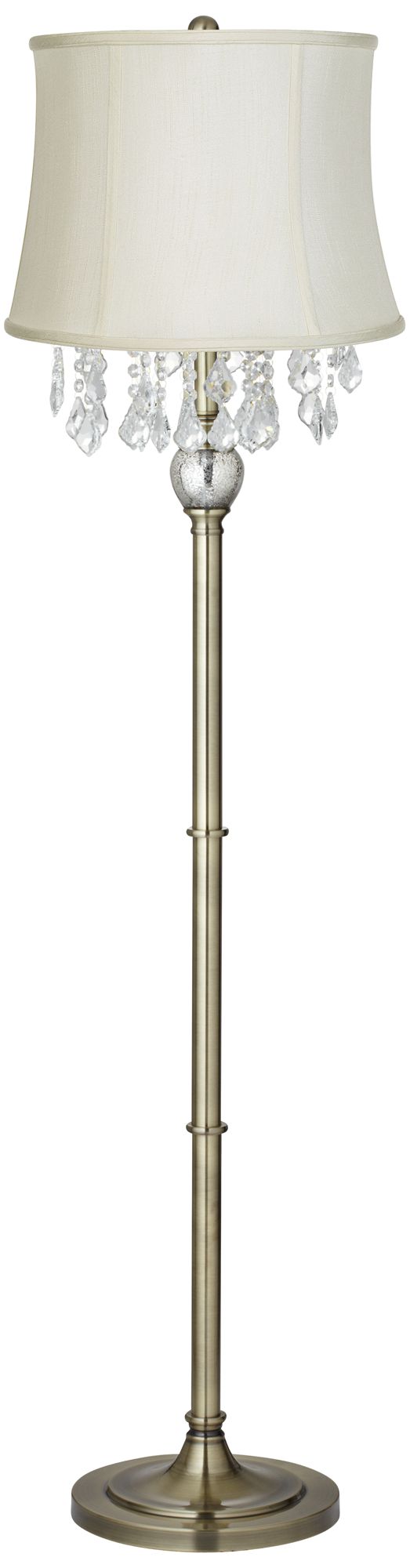 Crystals Creme Fabric Drum Shade Antique Brass Floor Lamp