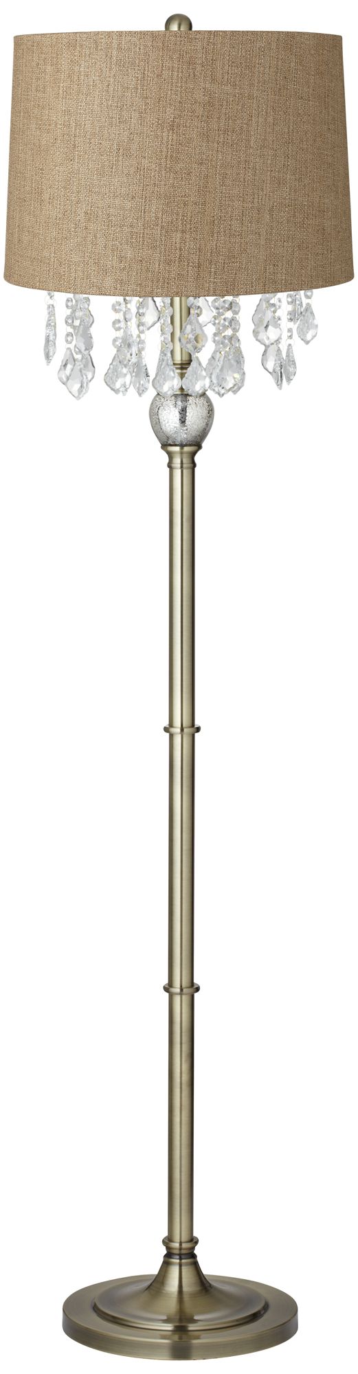 Crystals Tan Weave Shade Antique Brass Floor Lamp