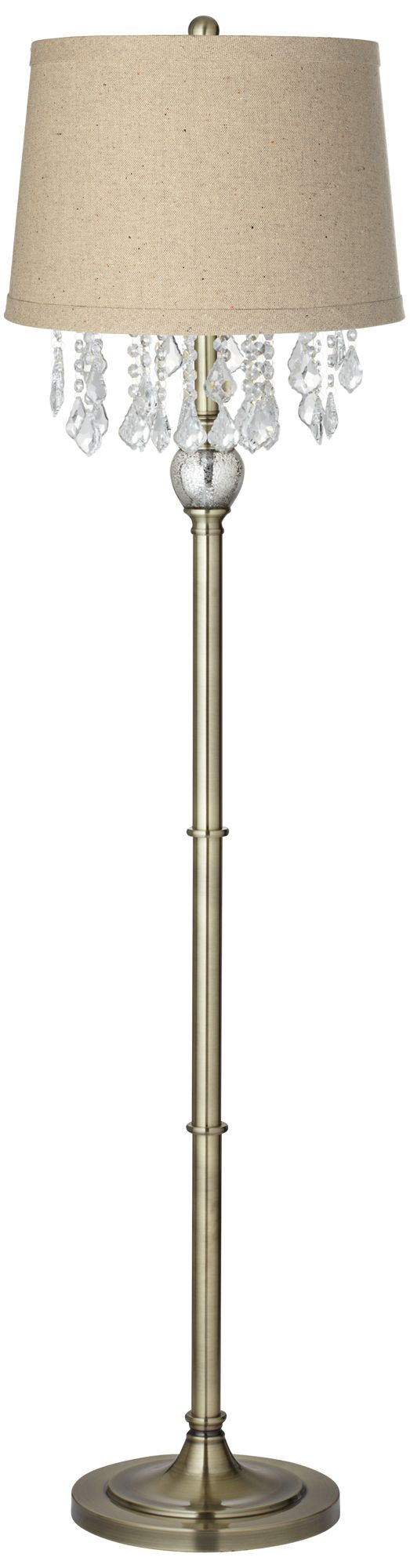 Crystals Oatmeal Linen Shade Antique Brass Floor Lamp