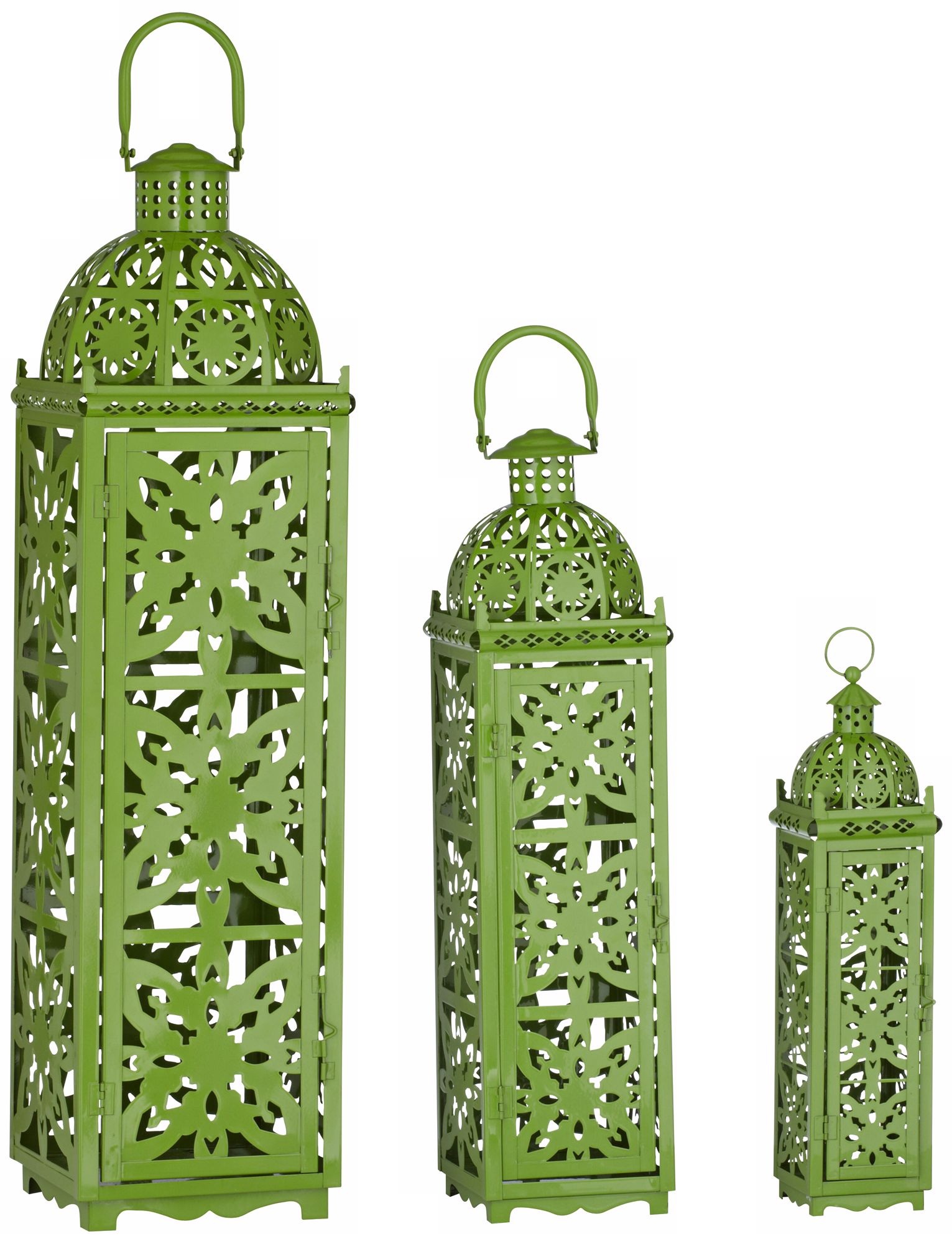 Lattice Set of 3 Green Openwork Lantern Candle Holders