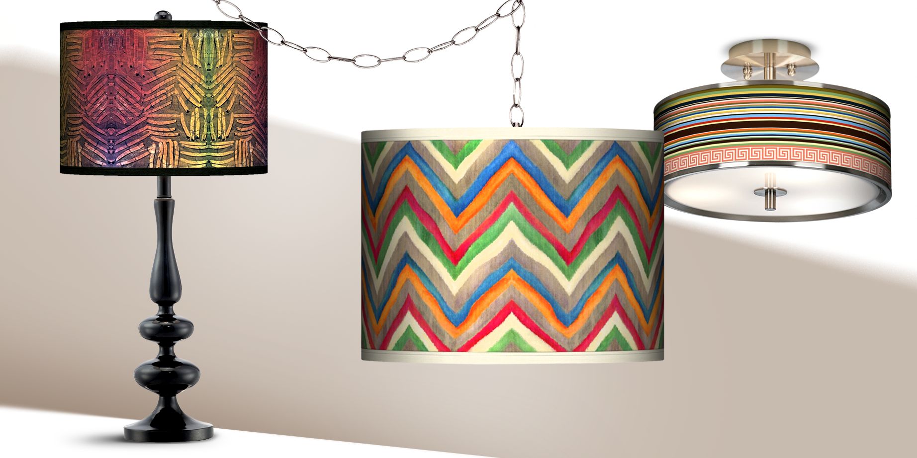 Colorful giclee lighting on sale at 55 Downing Street.