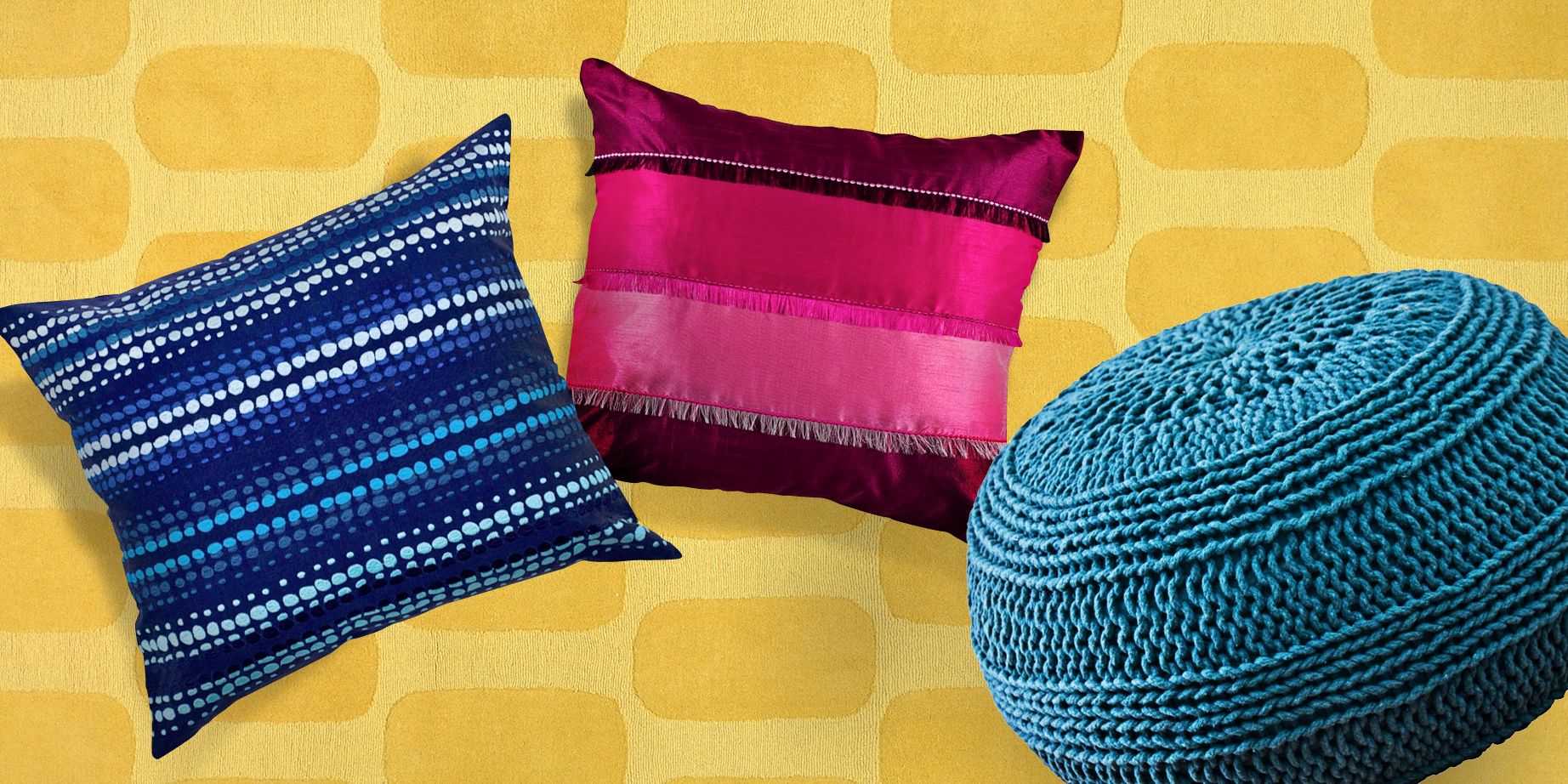 Colorful pillows and a pouf ottoman