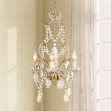 Antique Gold with Clear Beads Swag Plug-In Chandelier