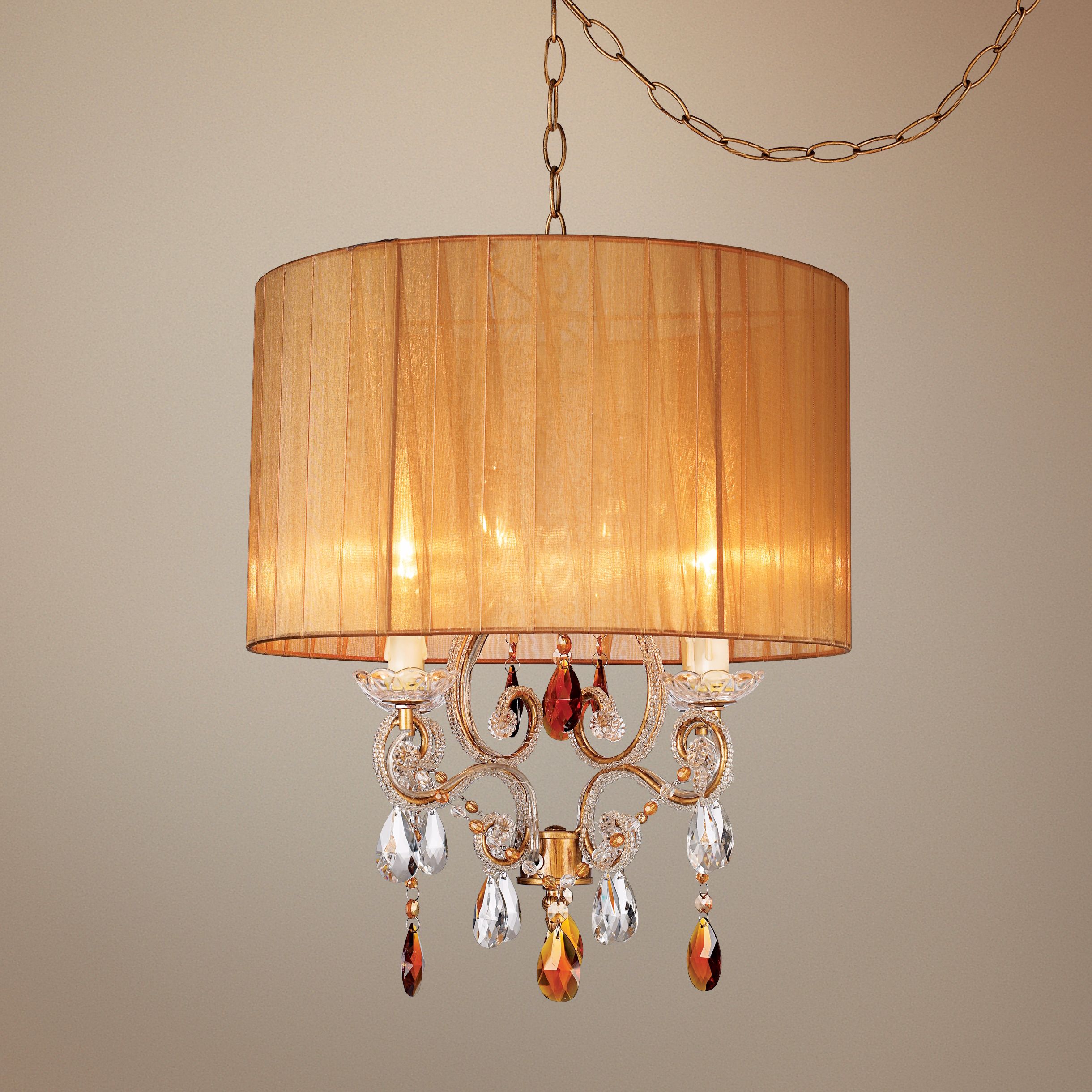 Clear and Amber Beaded Brown Ribbon Shade Swag Pendant
