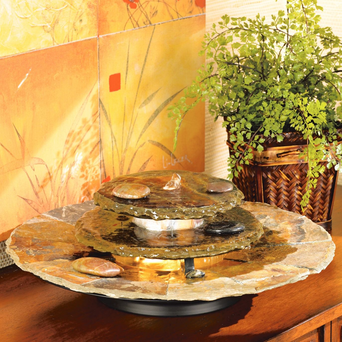 Slate Rounds Lighted Table Fountain