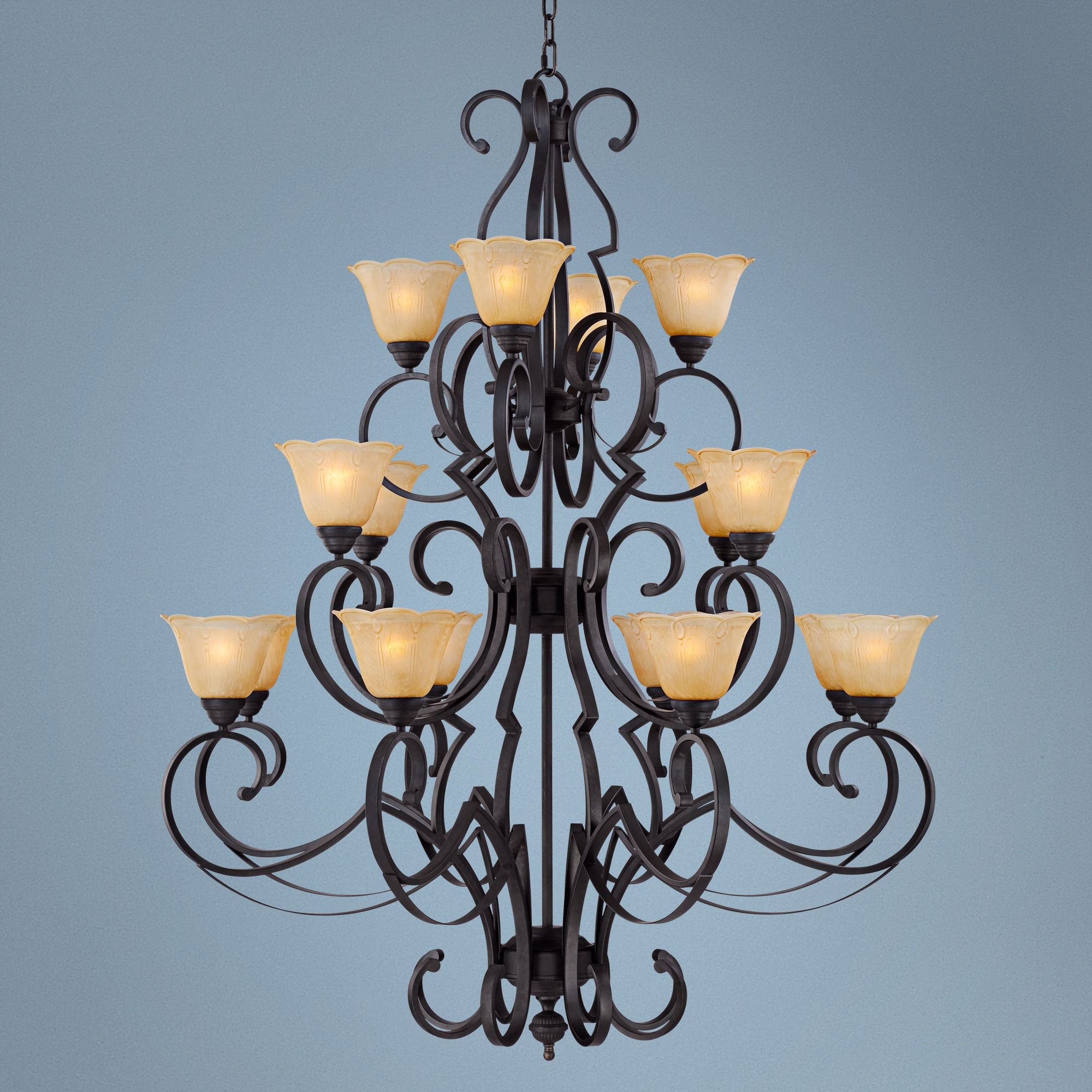 Scroll Arm Matte BlackFinish Three Tier Chandelier