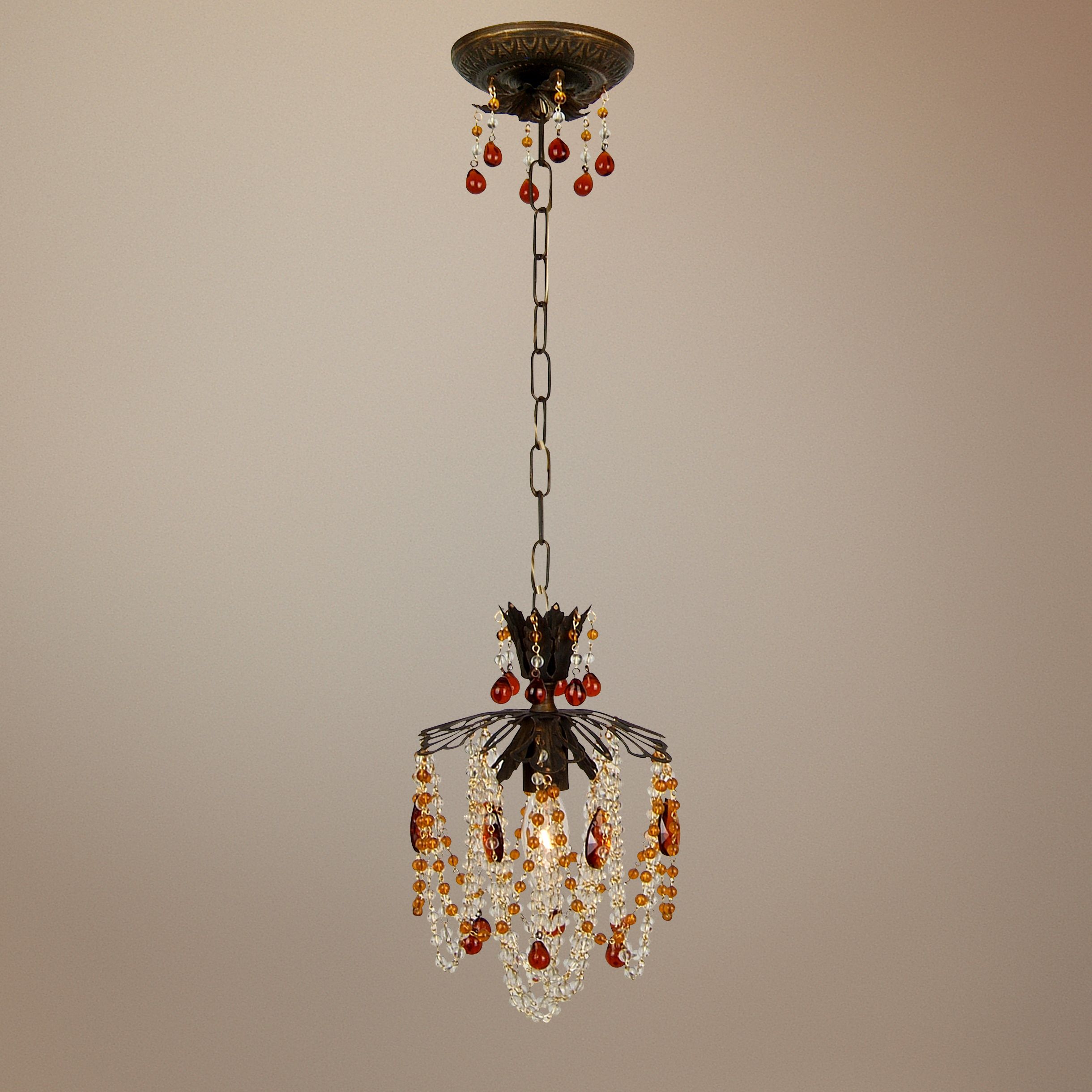 Antique Gold Finish Amber Drop Crystal Pendant Chandelier