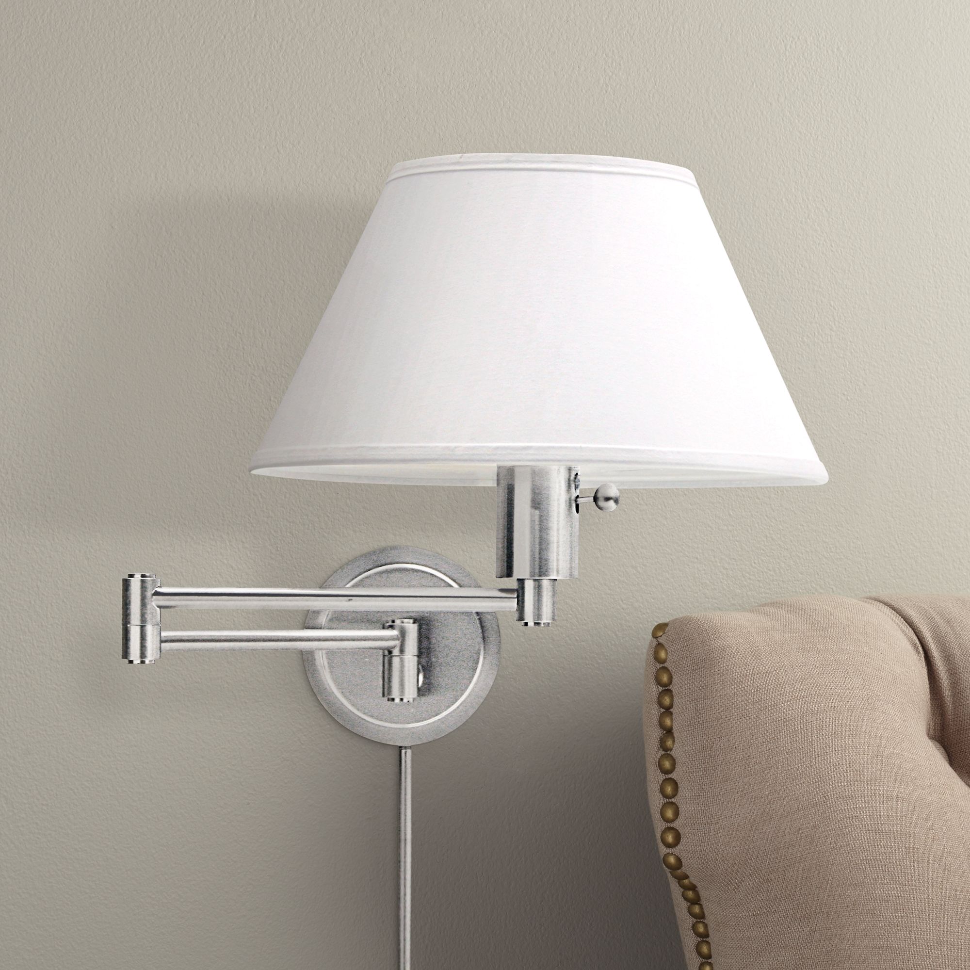 Satin Nickel Round Backplate Plug-In Swing Arm Wall Lamp ...