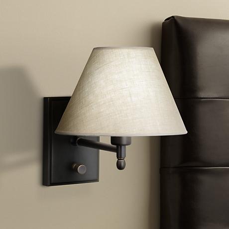 Meilleur Patina Bronze Linen Shade Plug-In Wall Lamp - #77643 Lamps Plus