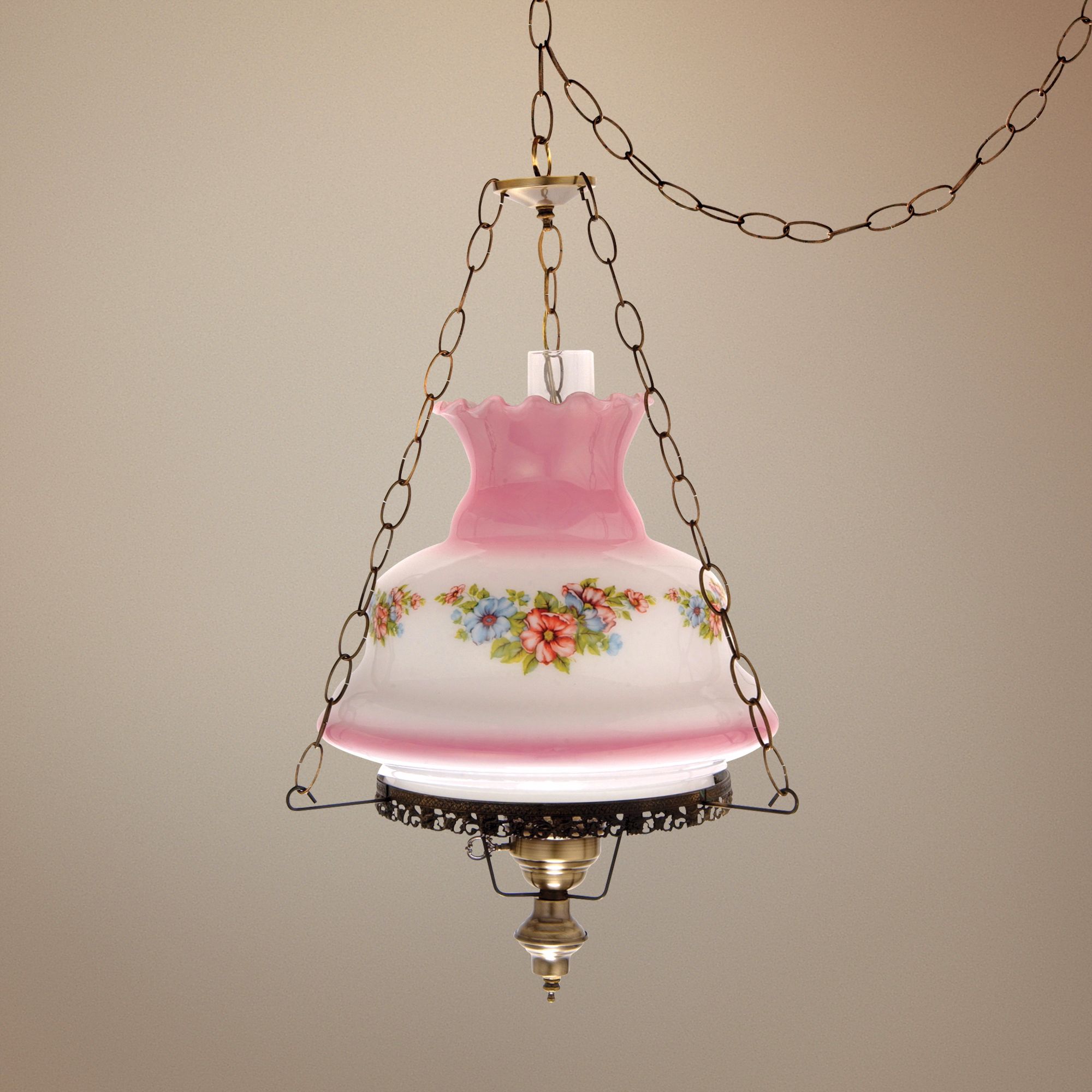 Blue Floral Pink Glass 17" Wide Plug-In Swag Chandelier