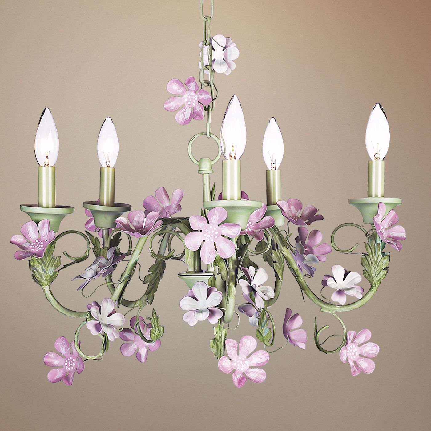 Pink Flowers with Green 5-Light Chandelier