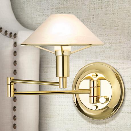 Polished Brass Alabaster White Glass Swing Arm Wall Lamp - #K0596 Lamps Plus