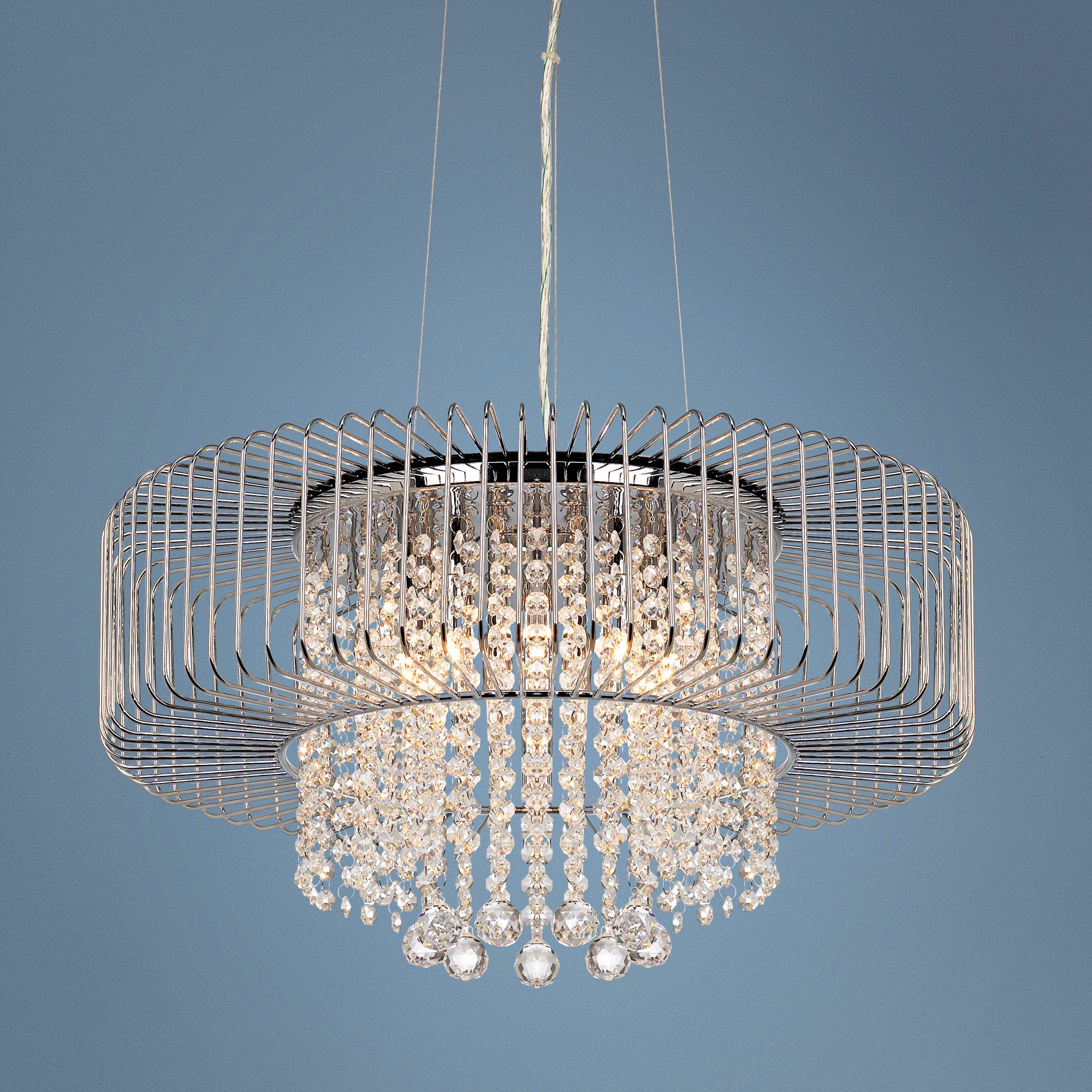 Chrome Cage with Crystal Drops Pendant Chandelier
