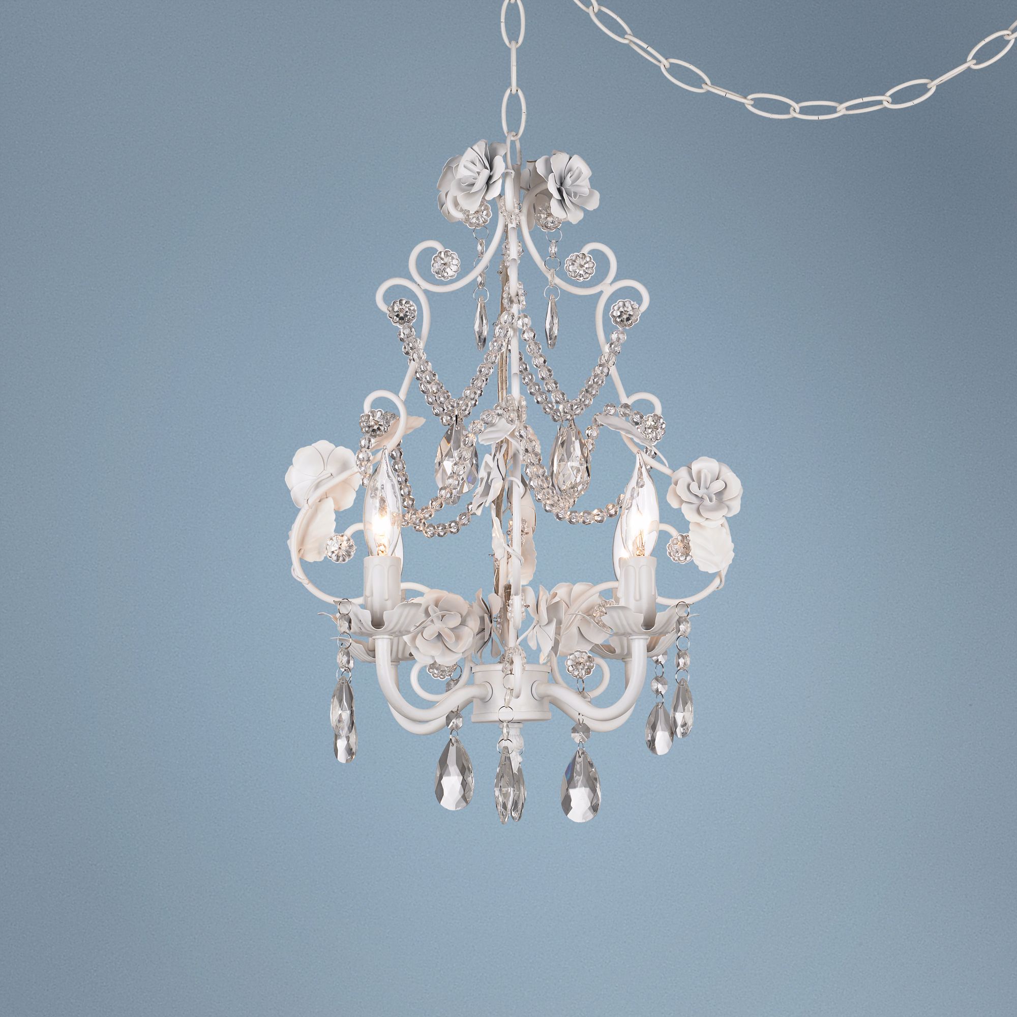 White Floral With Crystal Accents Plug-In Swag Chandelier