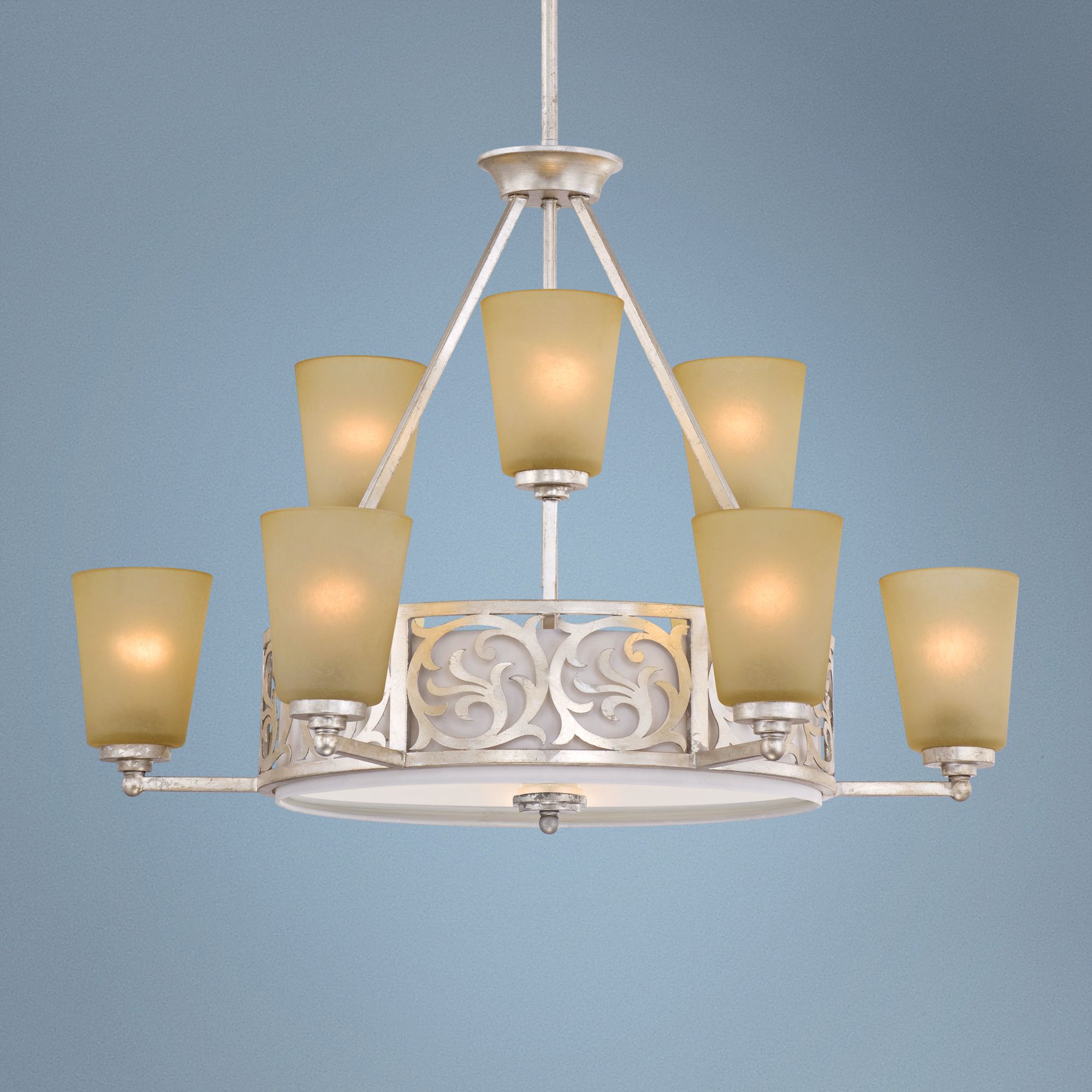 Laser Cut 32" Wide 12-Light Silver Leaf Chandelier