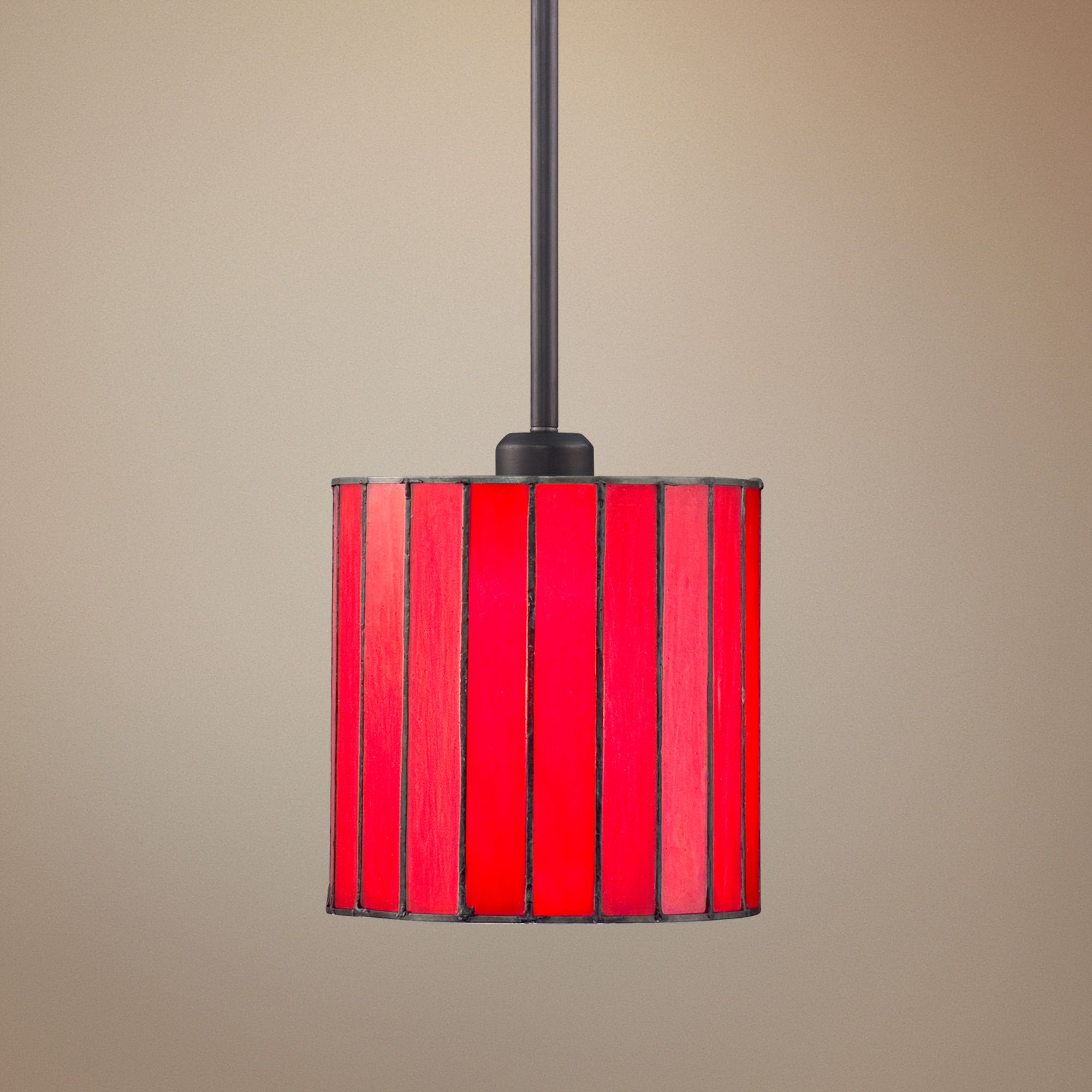 Tiffany Style 7" Wide Red Striped Art Glass Mini Pendant