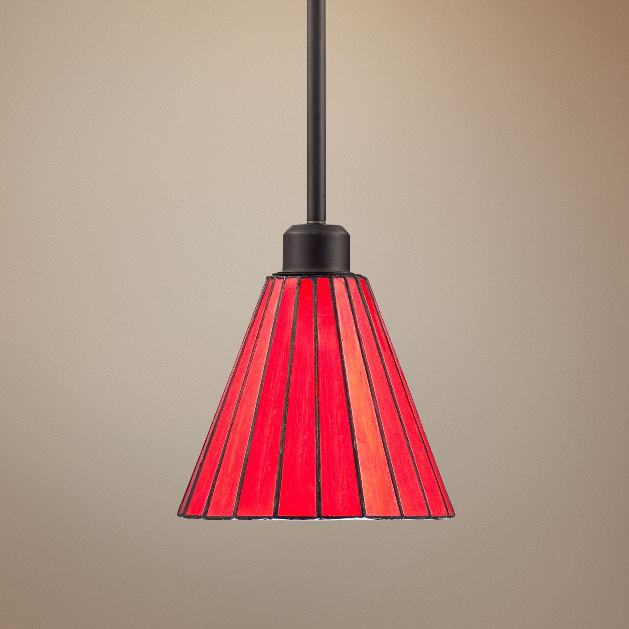 Tiffany Style 7" Red Striped Art Glass Mini Cone Pendant