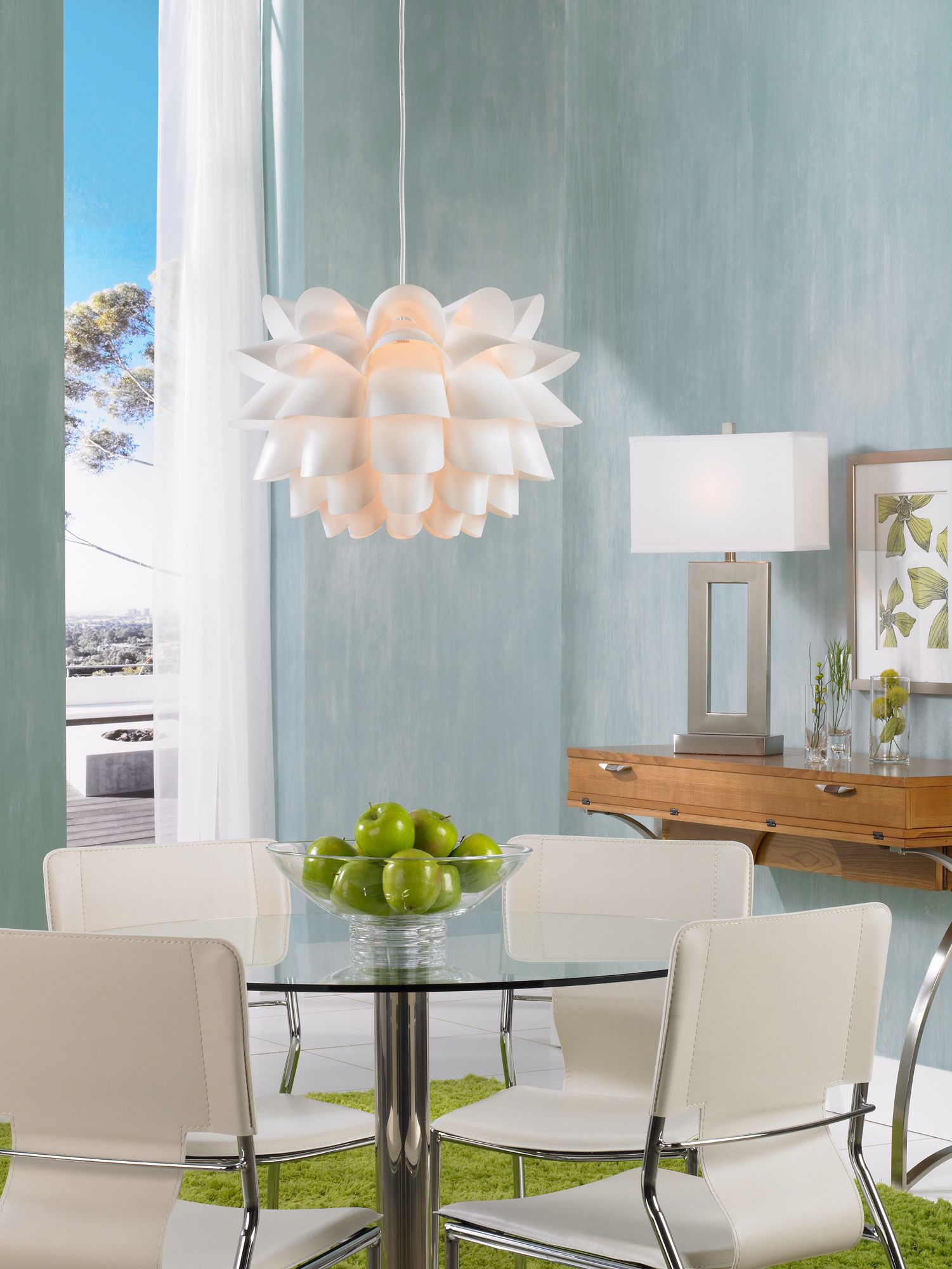 The curved lines in the dining room design create a warm and contemporary space.