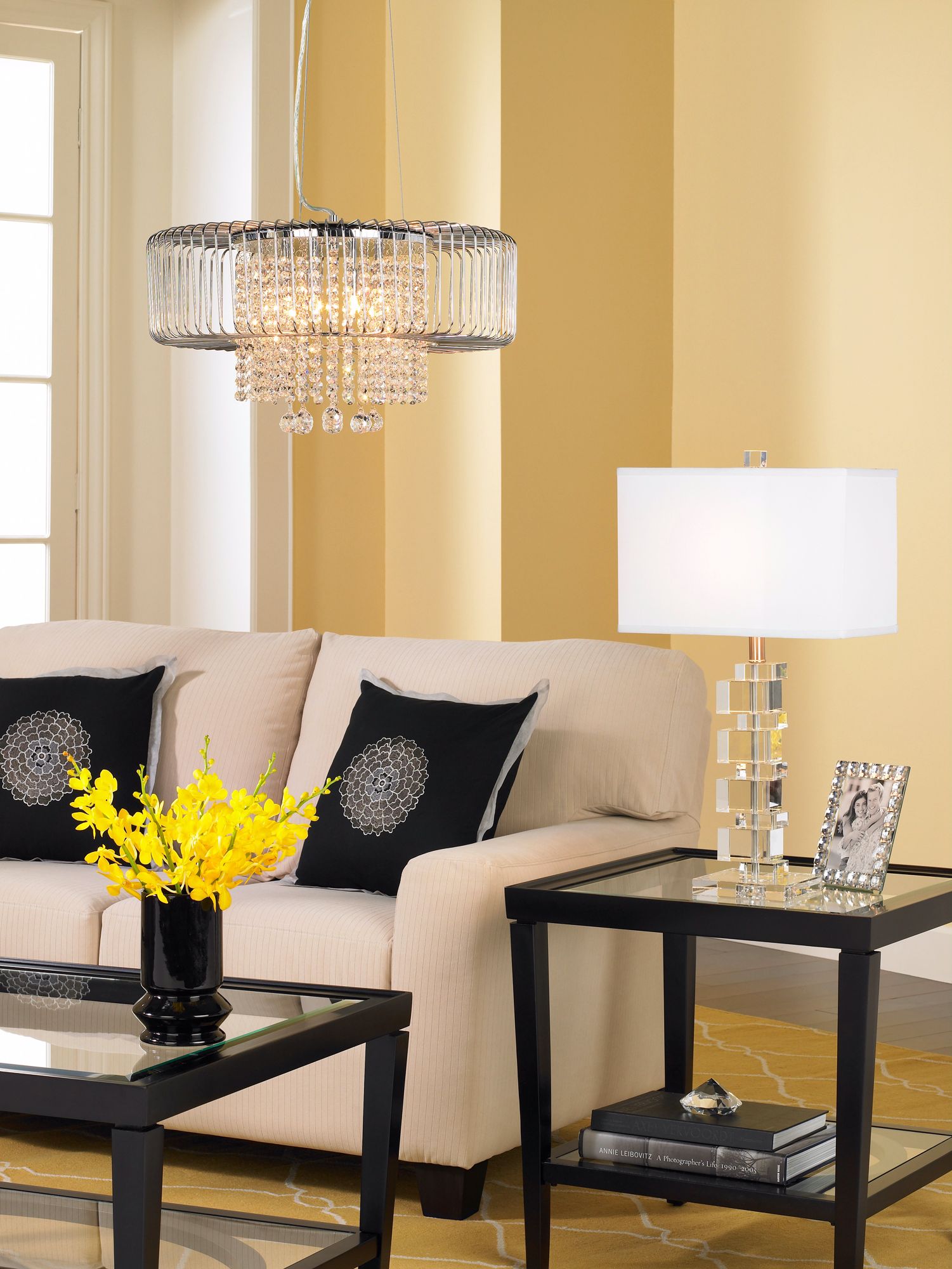 A yellow area rug is a cheerful accent in this contemporary living room design.